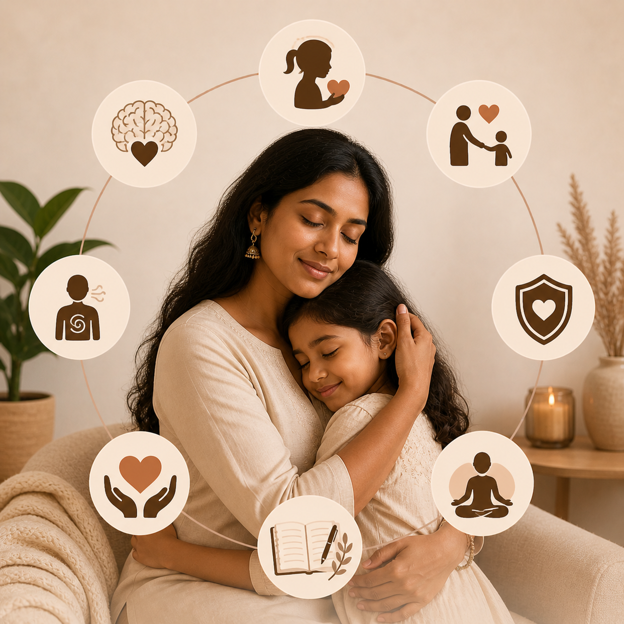 A mother and daughter embracing with closed eyes, surrounded by icons representing brain health, emotional well-being, immunity, and mindfulness.