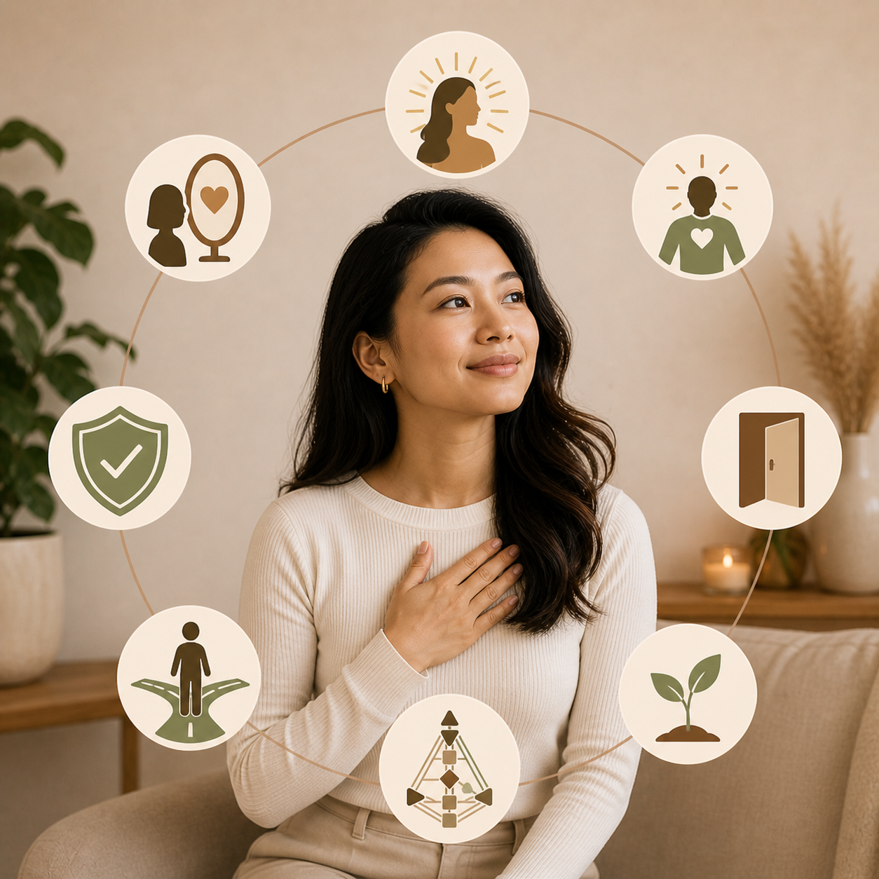 A woman sitting indoors with a thoughtful expression, surrounded by icons related to self-care, mental health, and personal well-being.