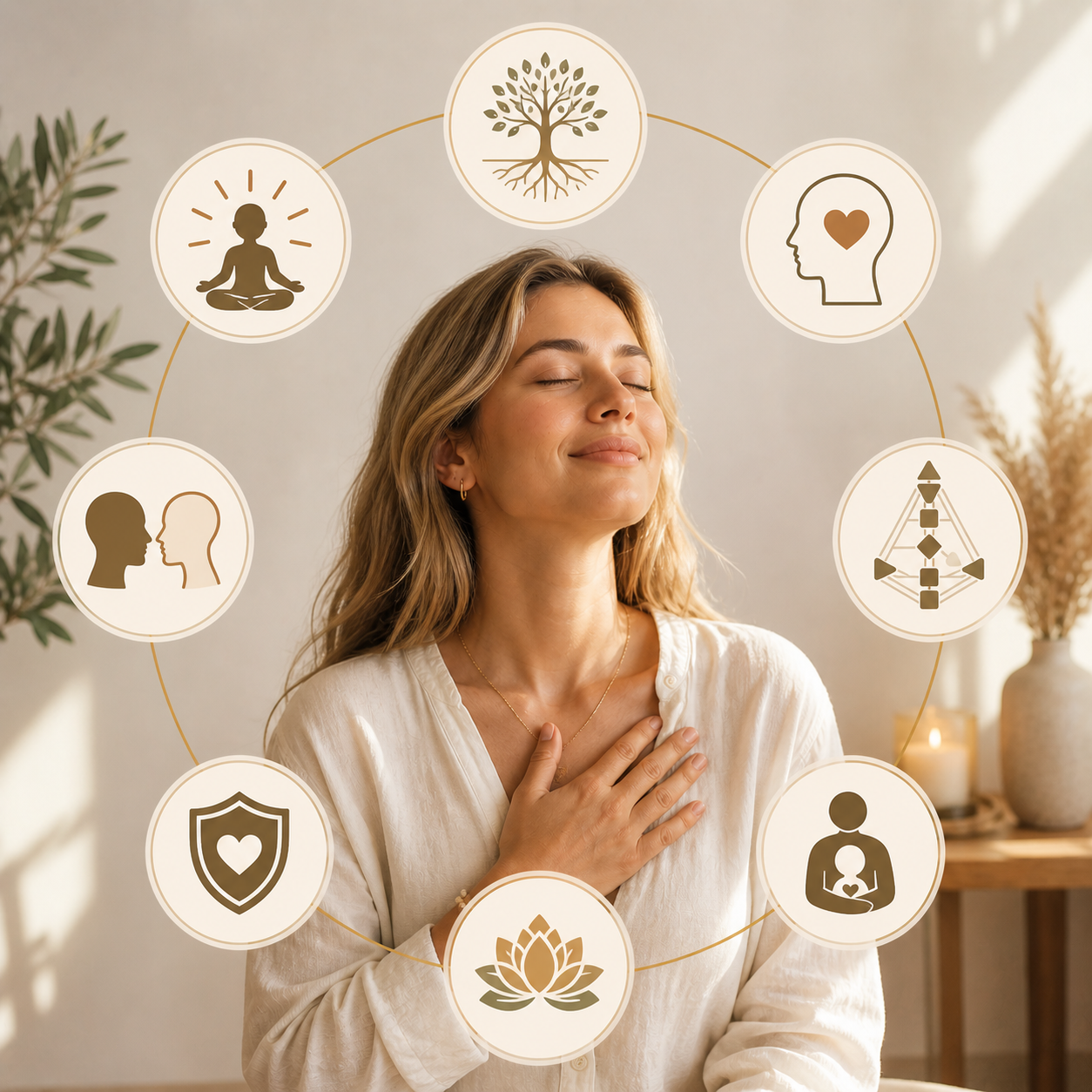 A woman with eyes closed, smiling, and placing her hand on her chest in a relaxed pose. Surrounding her are icons representing meditation, growth, love, mental health, protection, and connection, suggesting themes of wellness and mindfulness.