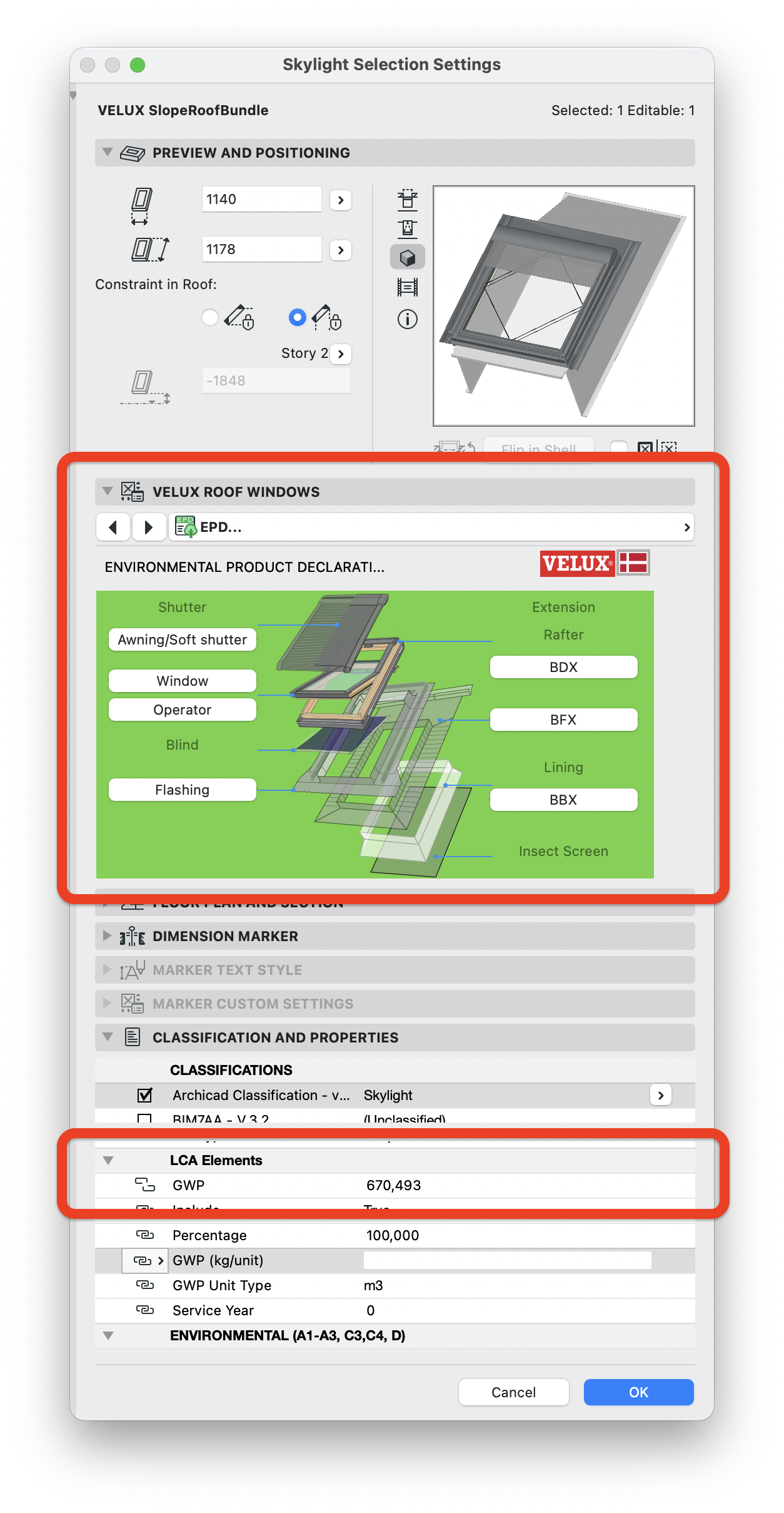 Settings for VELUX BIM objects includes links to EPD data for the physical windows