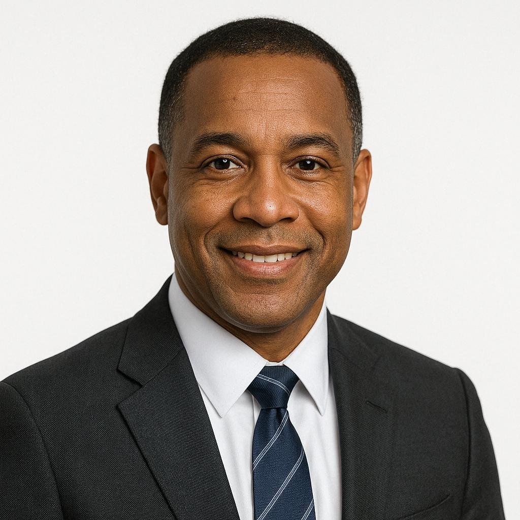 Portrait of a woman with red hair, wearing glasses, smiling, against a white background.