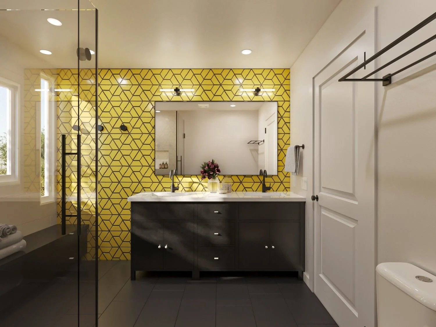 3D rendering of a Mar Vista master bathroom design featuring yellow geometric tile, a dark double vanity, black fixtures, glass shower enclosure, dark flooring, and modern finishes.