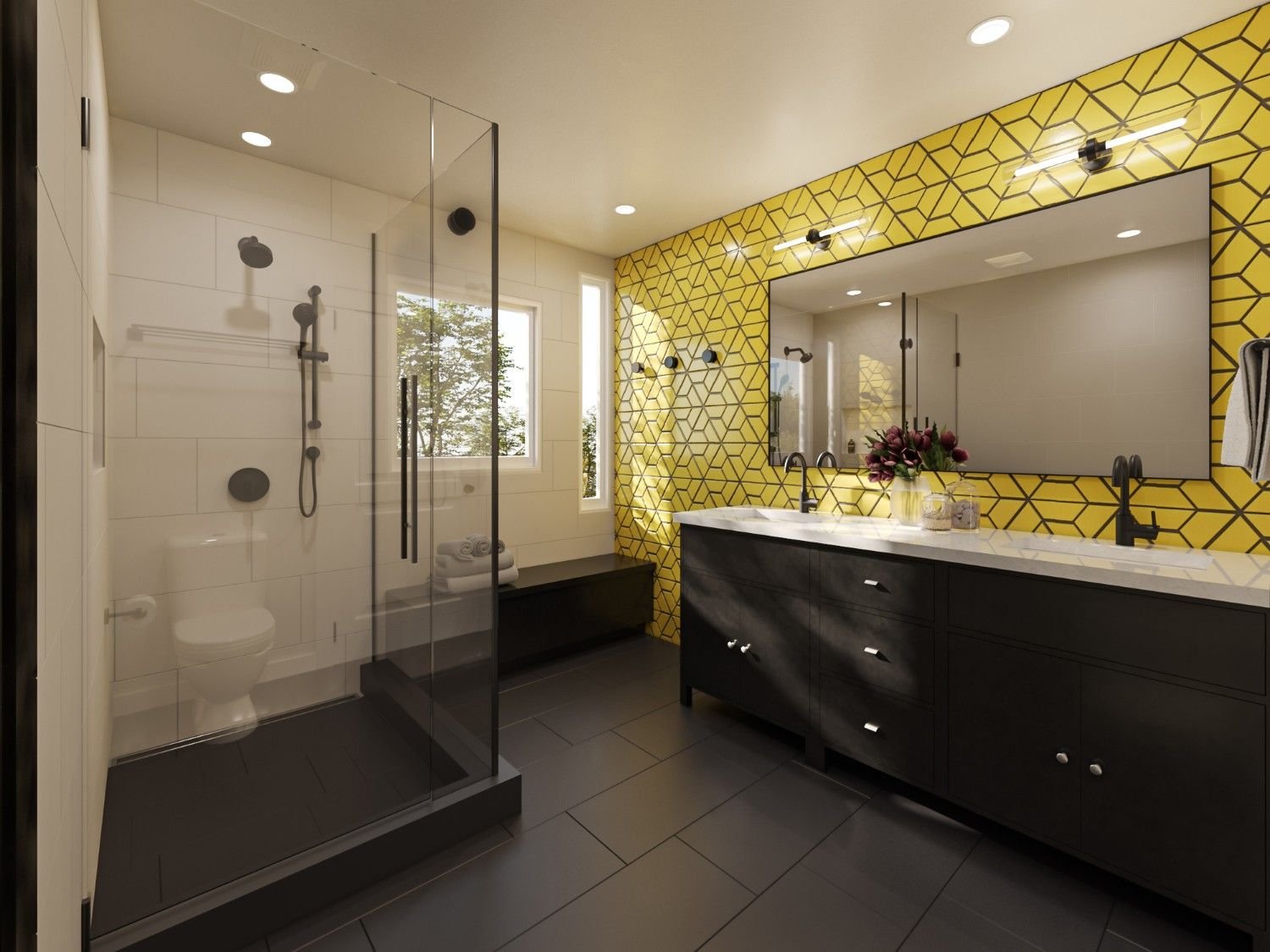 3D rendering of a Mar Vista master bathroom design featuring yellow geometric tile, a dark double vanity, black fixtures, glass shower enclosure, dark flooring, and modern finishes.