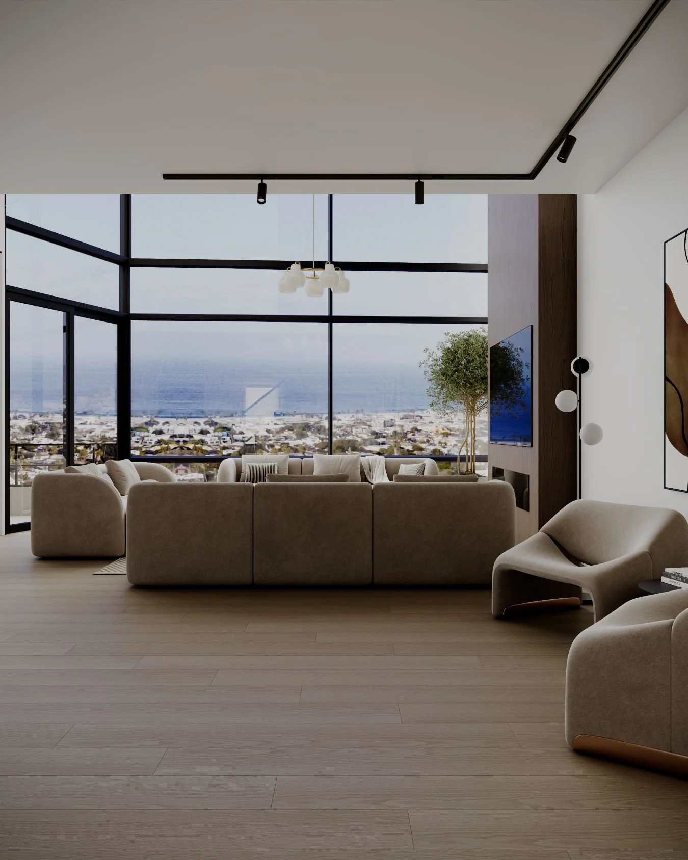 Modern Los Angeles living room with large windows, beige sofas, ocean view; minimal decor and wooden floor.
