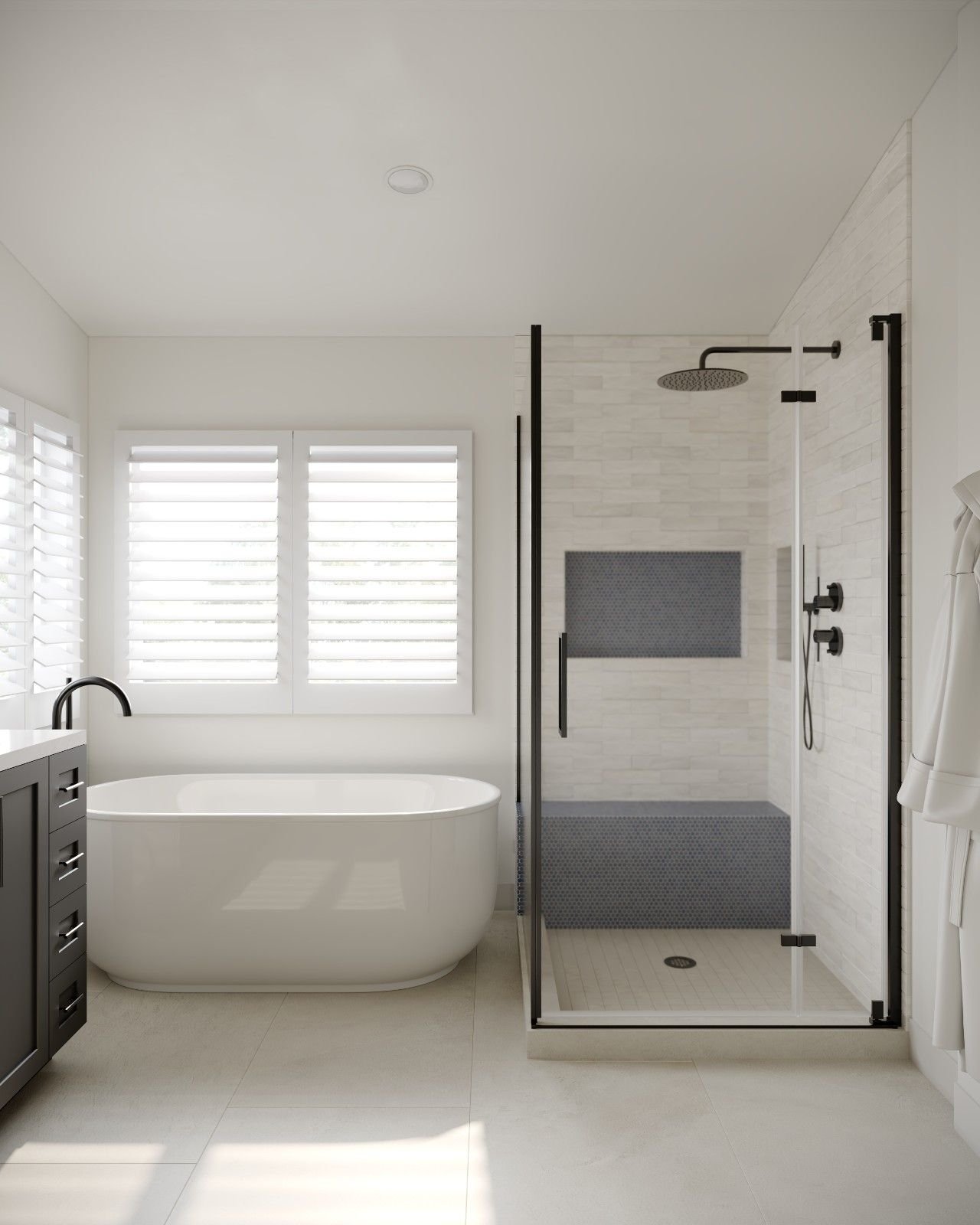 3D rendering of a Porter Ranch master bathroom design featuring a dark double vanity, freestanding tub, glass shower enclosure, black fixtures, white shower tile, and built-in niche.