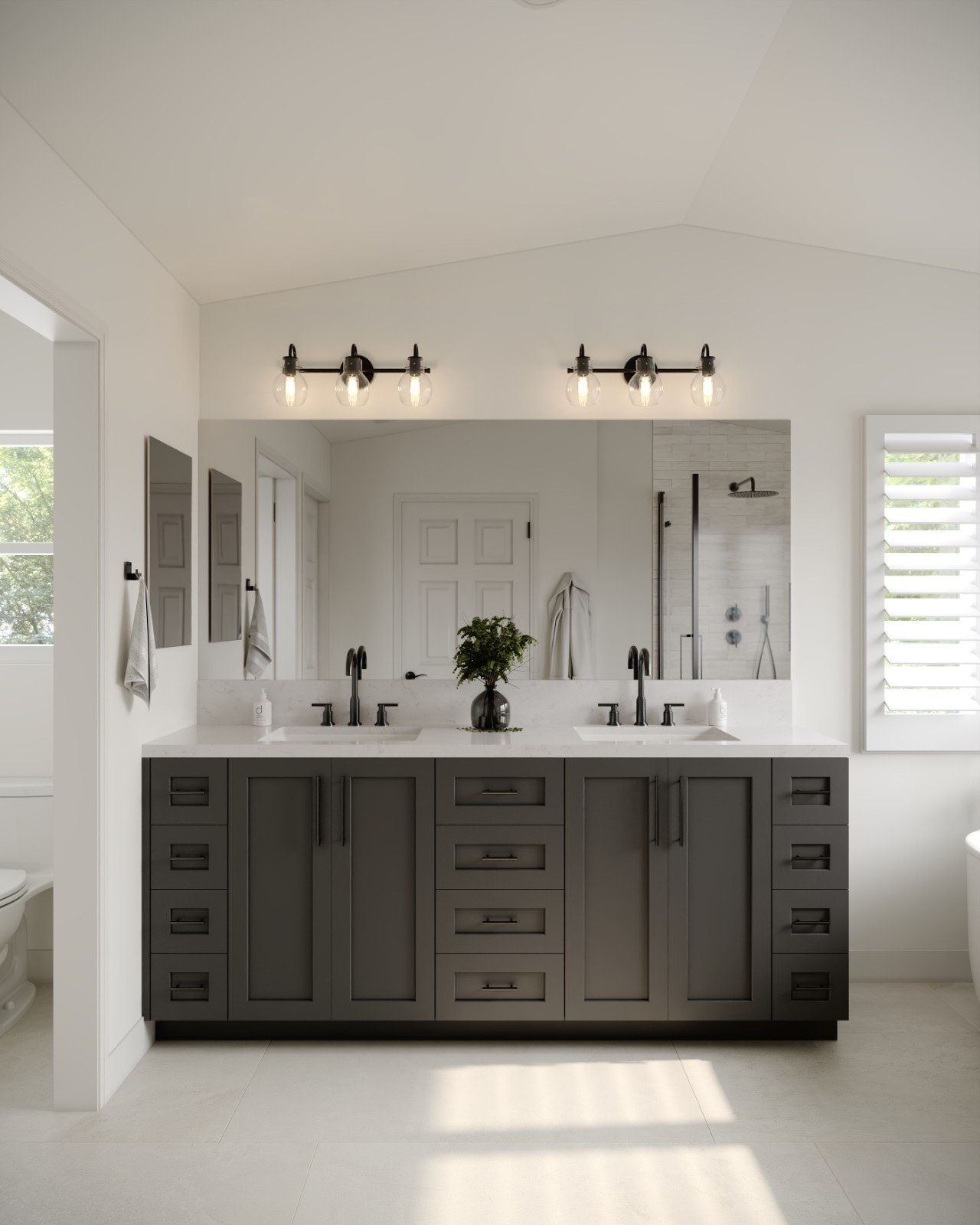 3D rendering of a Porter Ranch master bathroom design featuring a dark double vanity, freestanding tub, glass shower enclosure, black fixtures, white shower tile, and built-in niche.