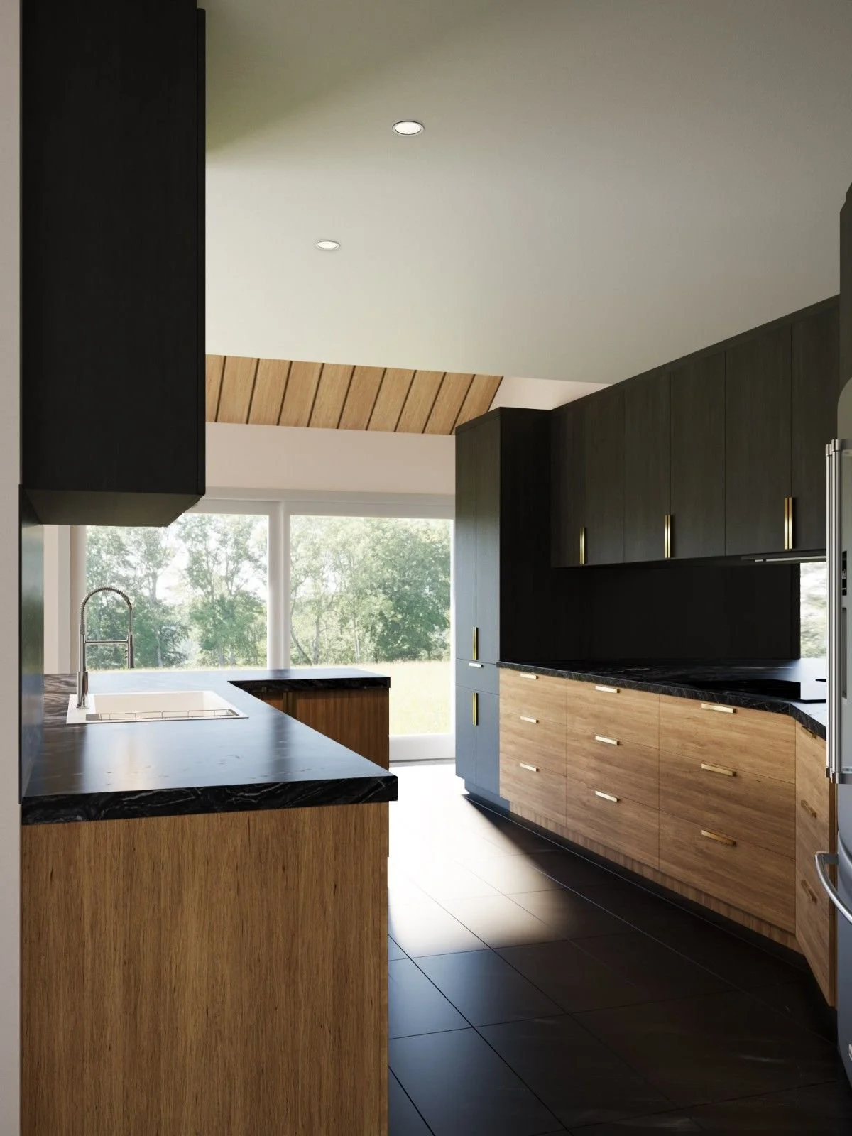 La Cañada kitchen design with dark flat-panel cabinets, light wood peninsula, black countertops, built-in dining nook, and sloped wood ceiling