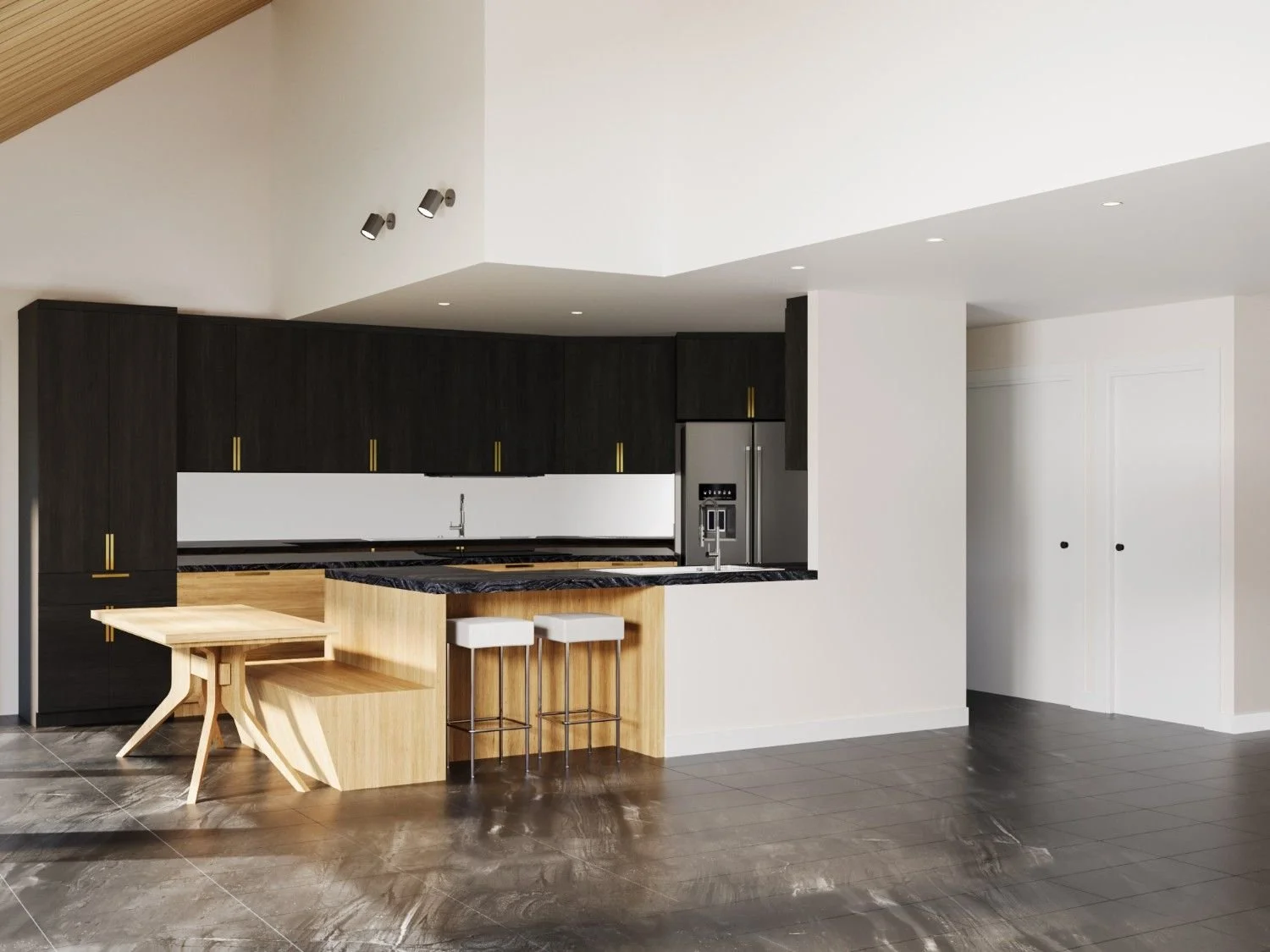 La Cañada kitchen design with dark flat-panel cabinets, light wood peninsula, black countertops, built-in dining nook, and sloped wood ceiling