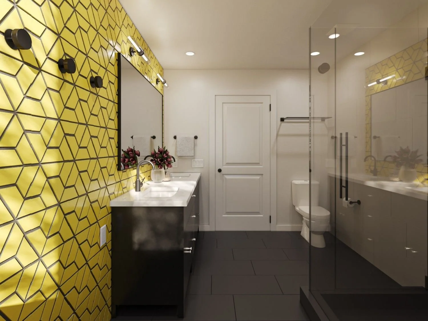 3D rendering of a Mar Vista master bathroom design featuring yellow geometric tile, a dark double vanity, black fixtures, glass shower enclosure, dark flooring, and modern finishes.