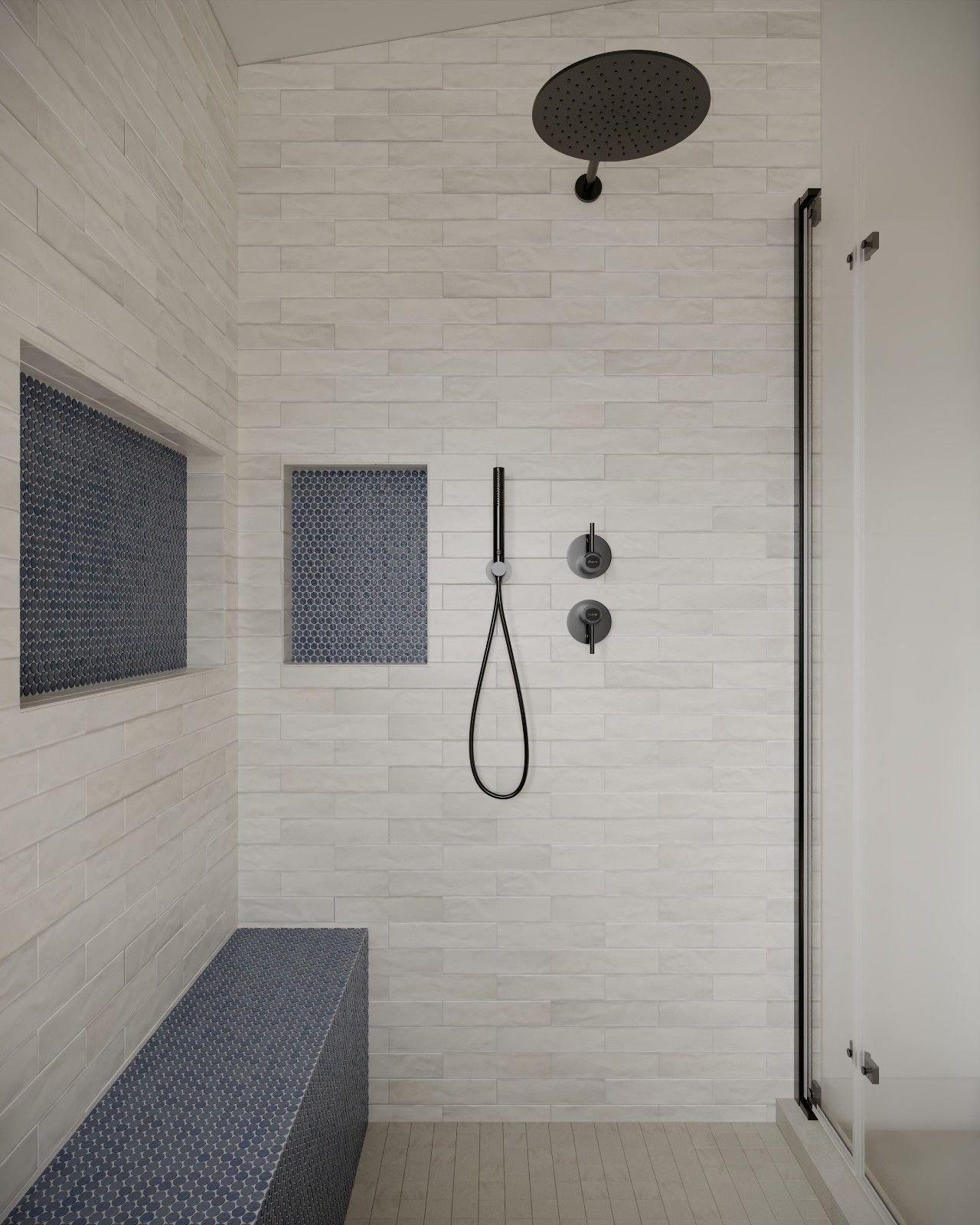 3D rendering of a Porter Ranch master bathroom design featuring a dark double vanity, freestanding tub, glass shower enclosure, black fixtures, white shower tile, and built-in niche.