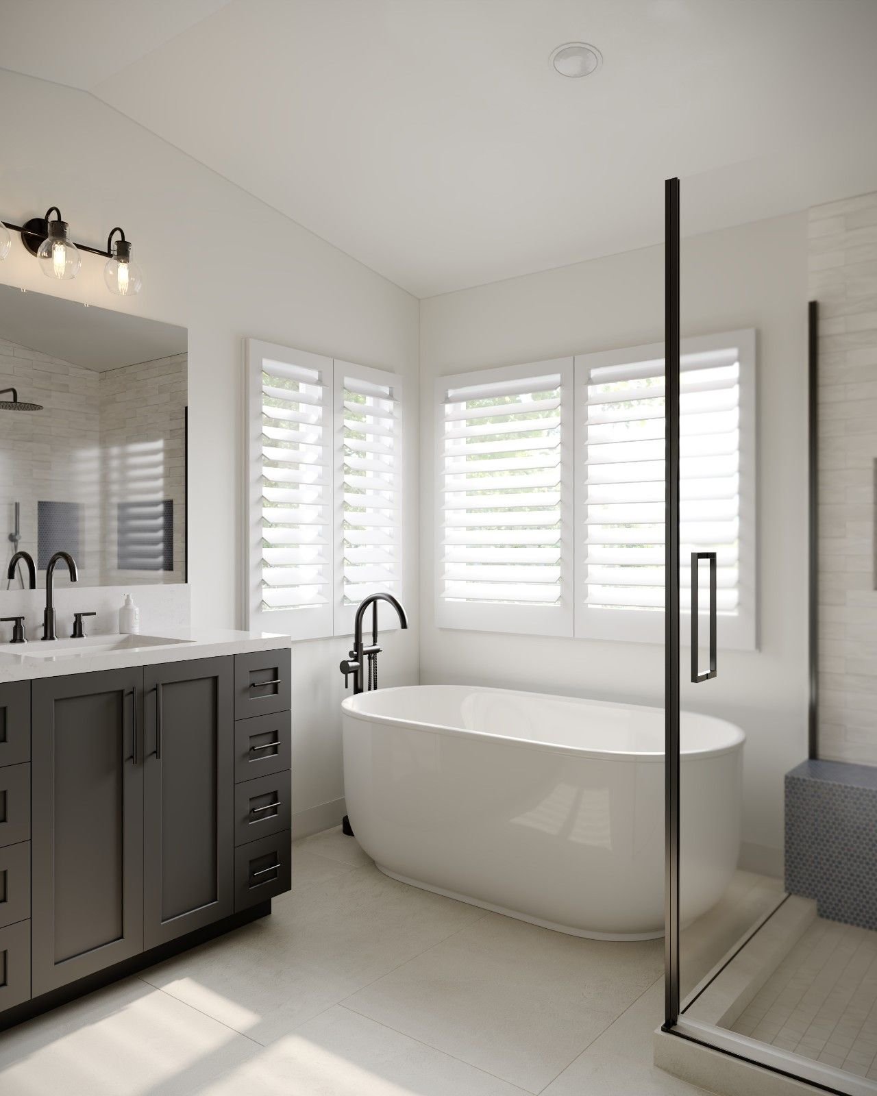 3D rendering of a Porter Ranch master bathroom design featuring a dark double vanity, freestanding tub, glass shower enclosure, black fixtures, white shower tile, and built-in niche.
