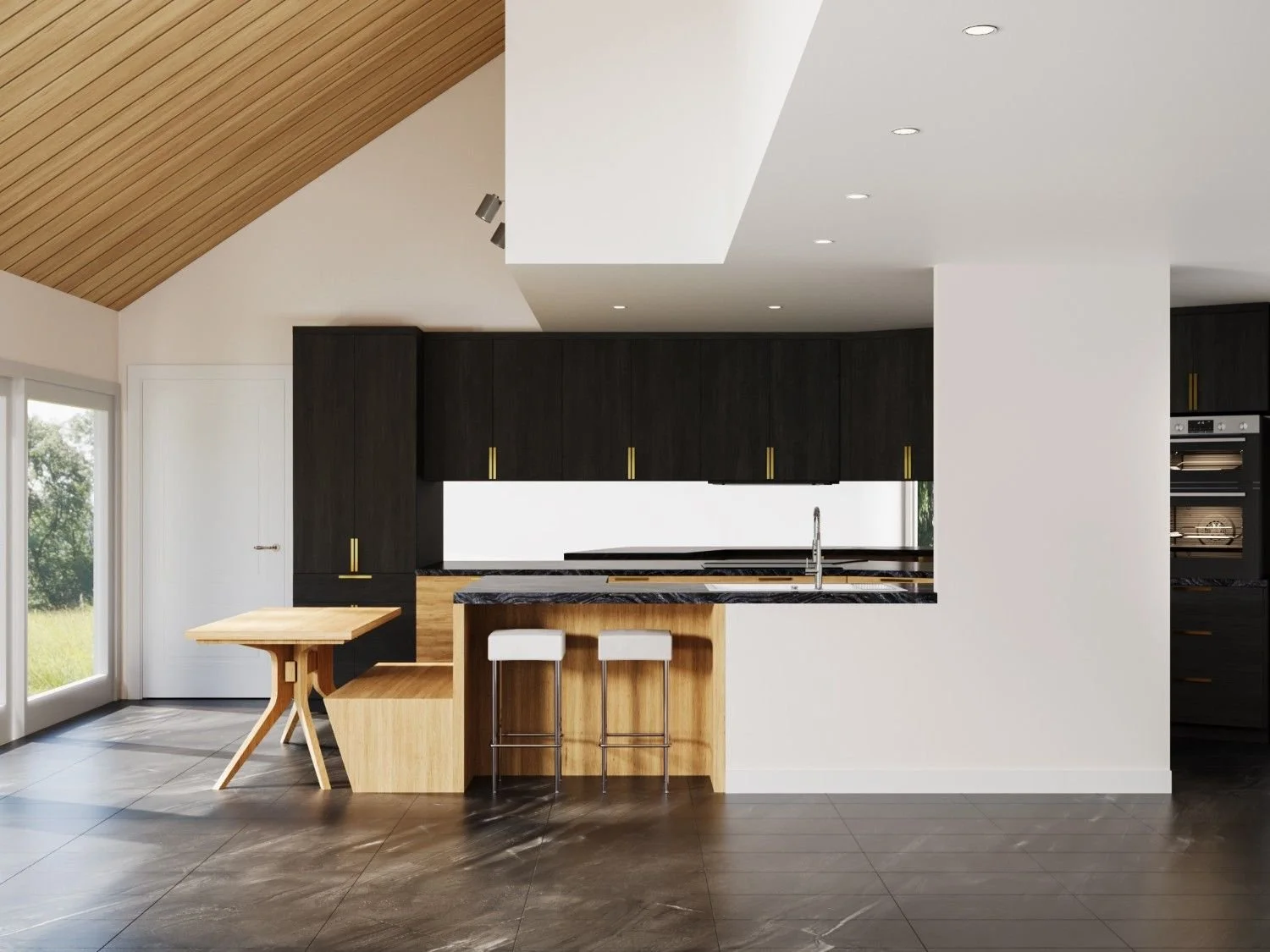 La Cañada kitchen design with dark flat-panel cabinets, light wood peninsula, black countertops, built-in dining nook, and sloped wood ceiling
