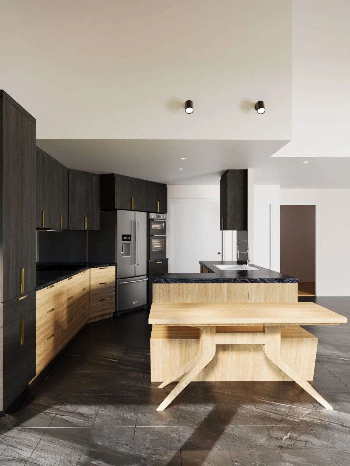 La Cañada kitchen design with dark flat-panel cabinets, light wood peninsula, black countertops, built-in dining nook, and sloped wood ceiling