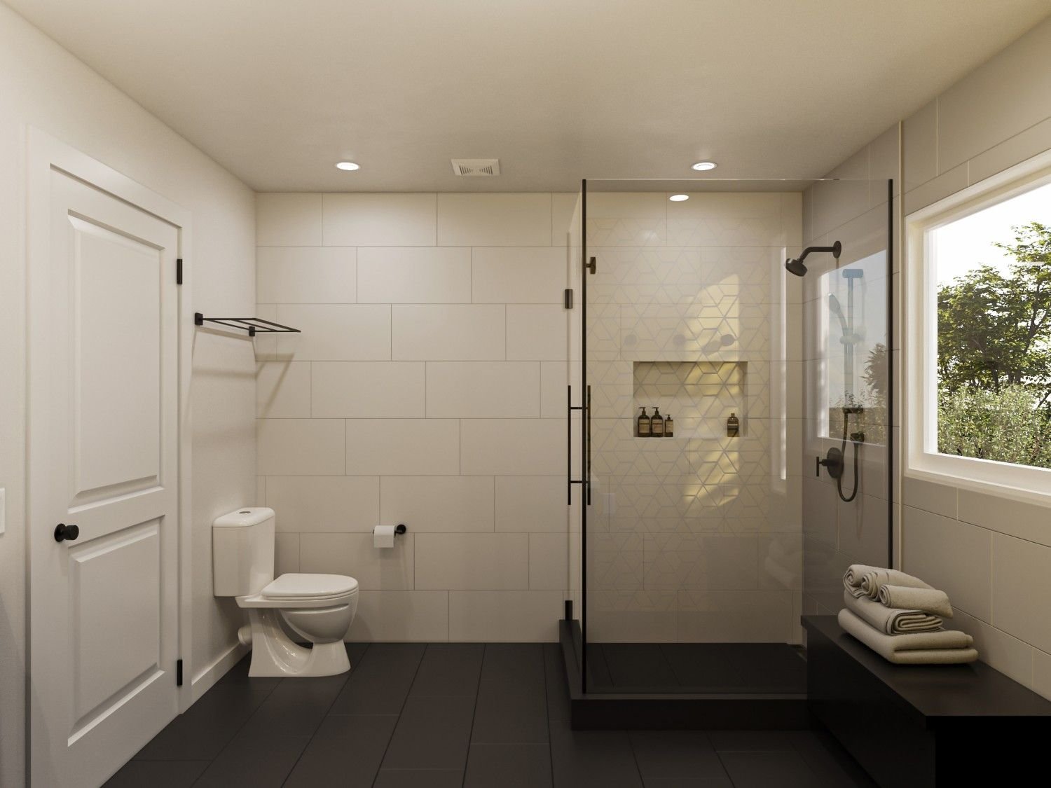 3D rendering of a Mar Vista master bathroom design featuring yellow geometric tile, a dark double vanity, black fixtures, glass shower enclosure, dark flooring, and modern finishes.