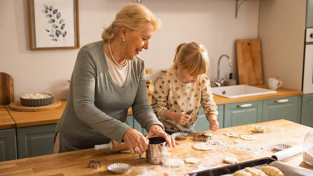 An elderly woman and a young girl are baking cookies together in a cozy kitchen.