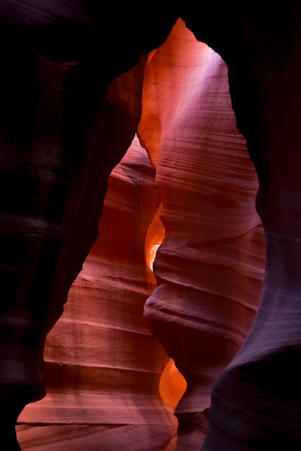 Colorful slot canyon walls with smooth, layered sandstone formations illuminated by soft orange and purple light.