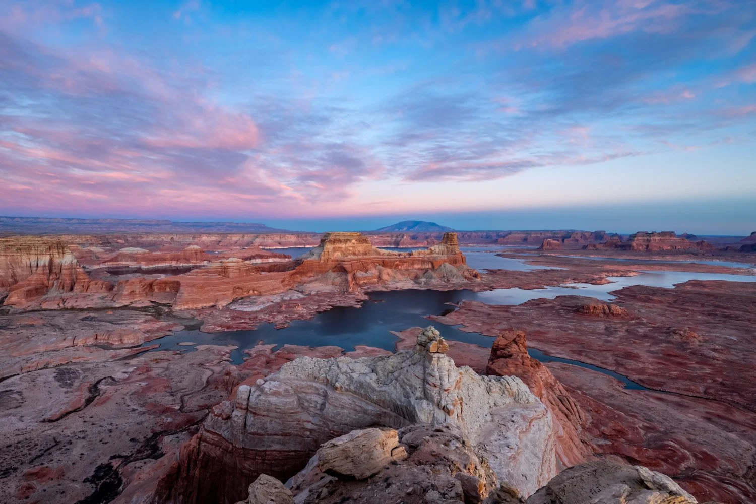 A panoramic view of a canyon landscape at sunset, with layered rock formations, water bodies, and a sky with pink and blue clouds at Alstrom Point.