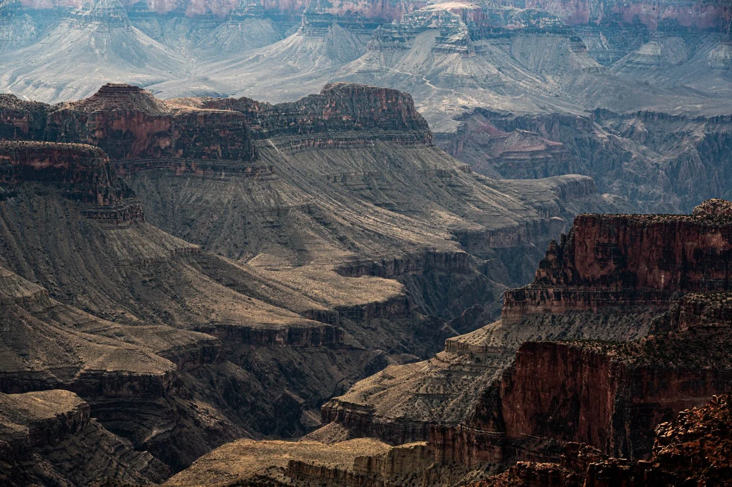 A panoramic view of the Grand Canyon showcasing layered rock formations, steep cliffs, and rugged terrain in shades of brown, red, and gray.