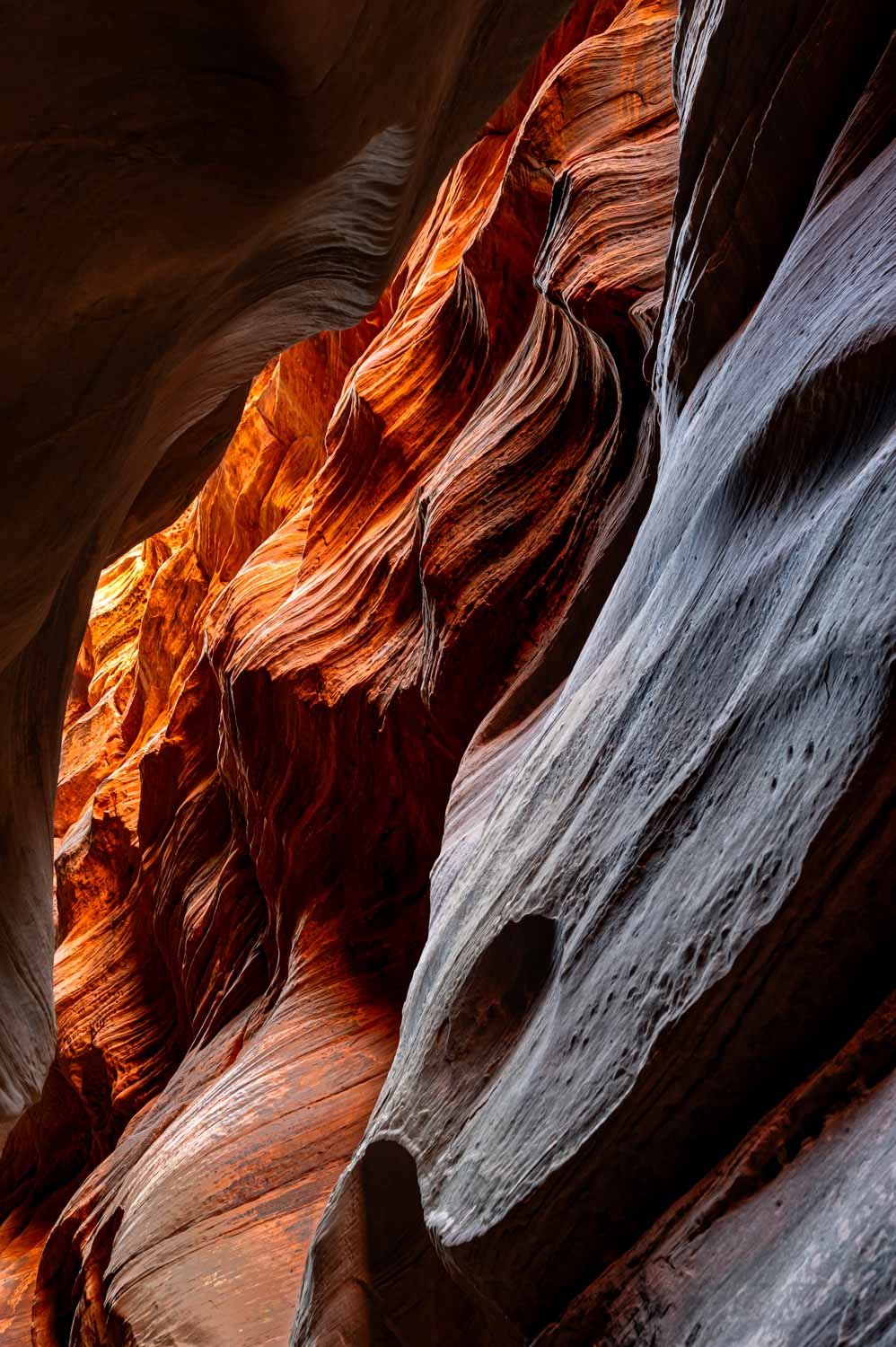 Narrow slot canyon with smooth, layered walls in shades of red, orange, gray, and white.