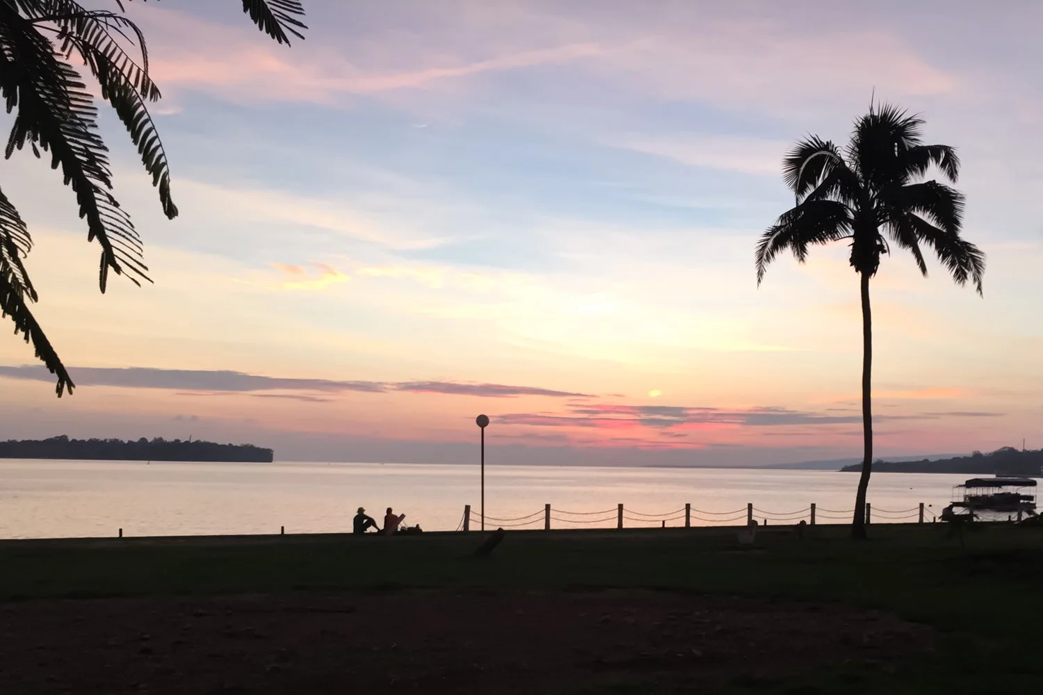 A sunset over a body of water with a pink and orange sky. Silhouettes of two people sitting on the ground near a fence, and a tall palm tree on the right side. There are some trees and boats in the distance.