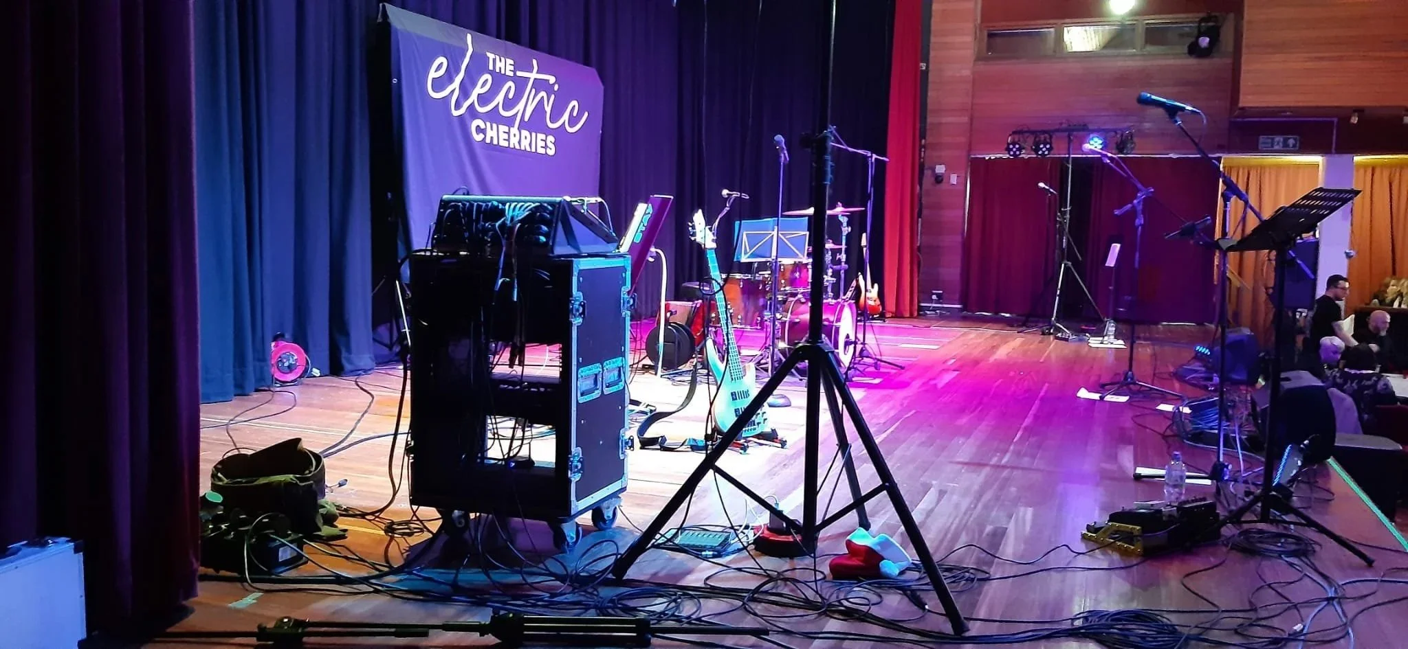 Stage setup with musical instruments and microphones for a performance, with a banner reading 'The Electric Cherries' hanging in the background.