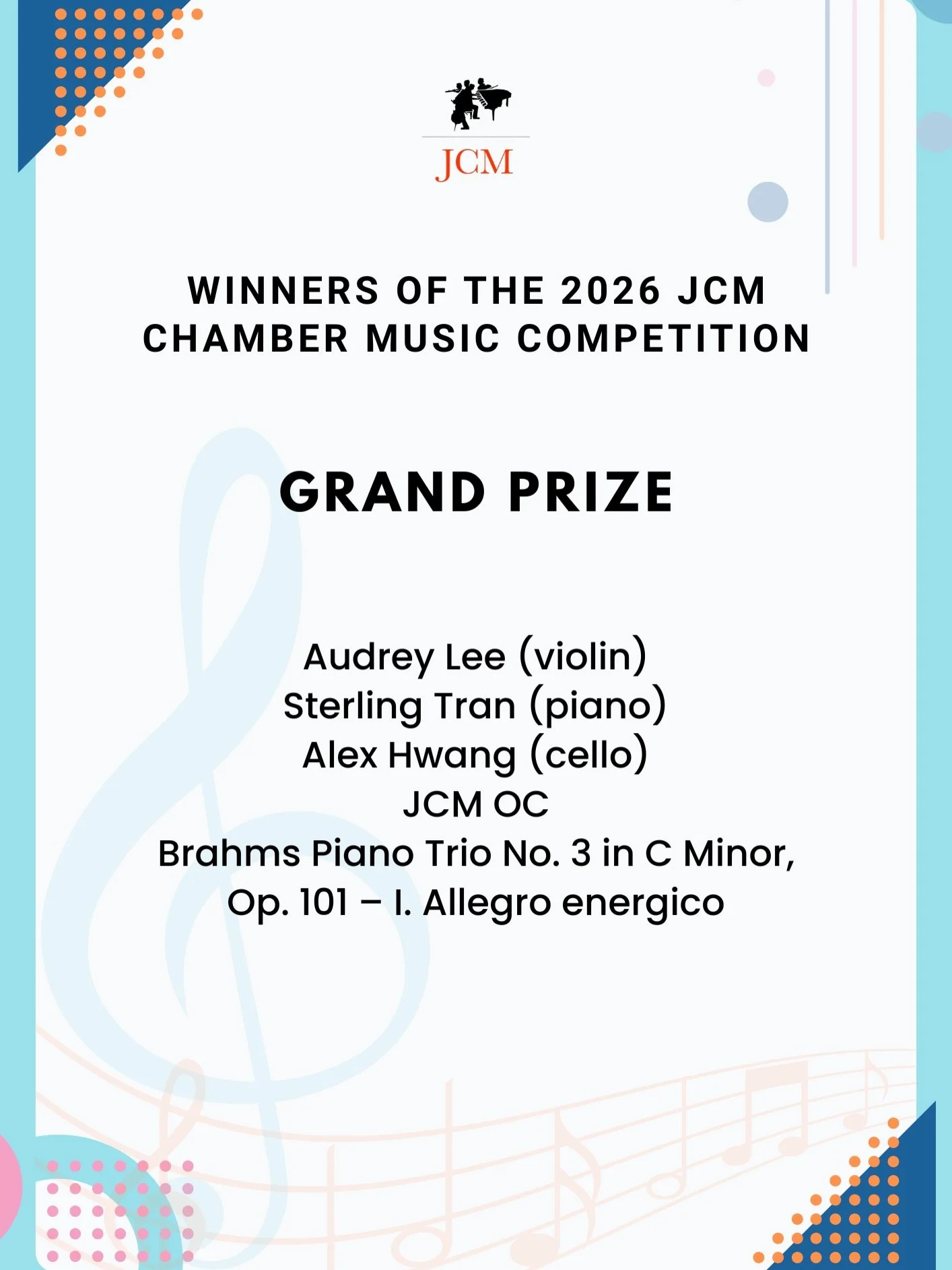 Celebrating the winners of the 2026 JCM Chamber Music Competition, a standout day of chamber music from earlier this season.

#juniorchambermusic #jcm #chambermusiccompetition 
@susanboettger @ryanyuto.violin @chuhlowe_ @mia.mezo @anastasiajoyscello 