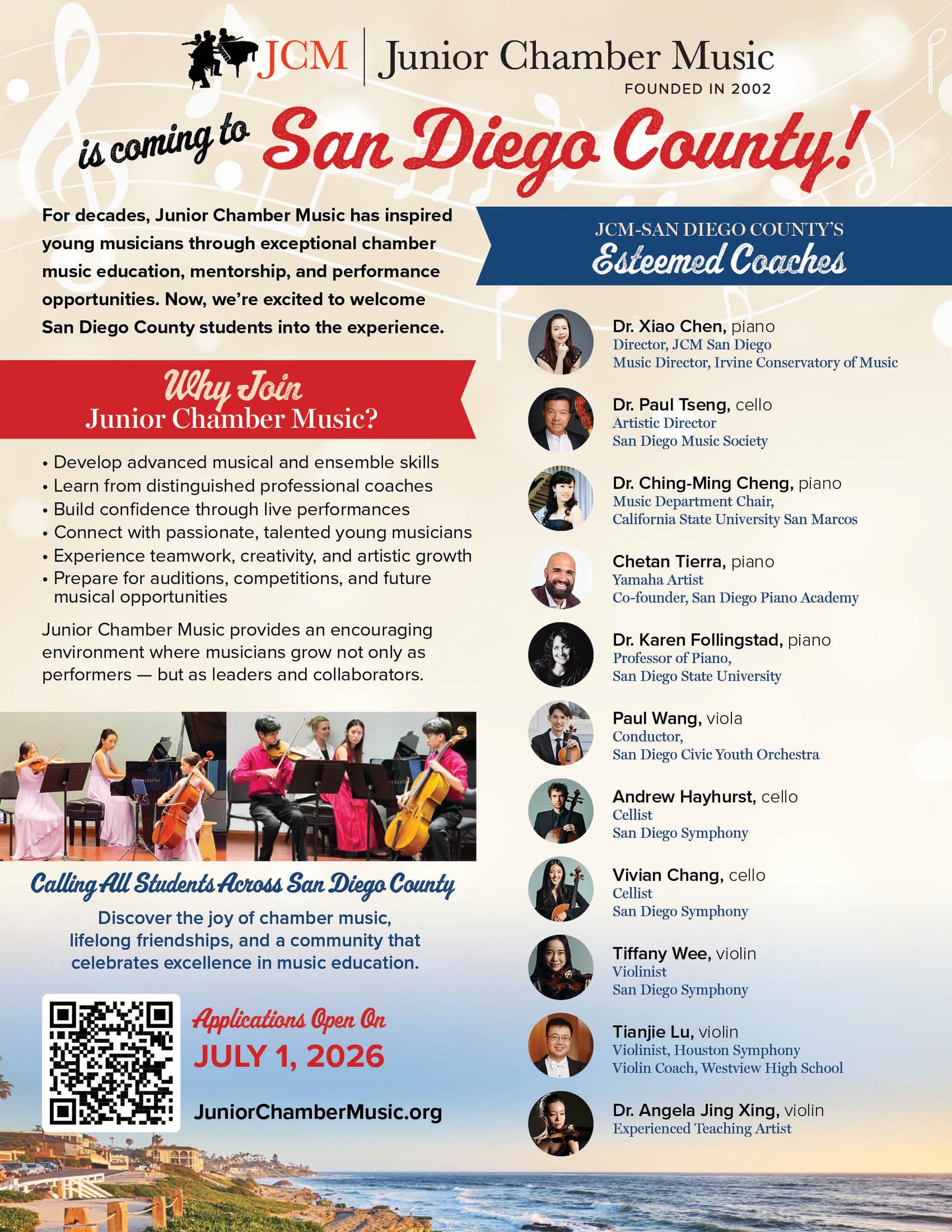 San Diego, we&rsquo;re here.
JCM is officially expanding with a brand‑new branch serving performers and families across Southern California.
JCM San Diego is now accepting applications for our 2026&ndash;27 season.
Early‑bird deadline: July 31. Apply