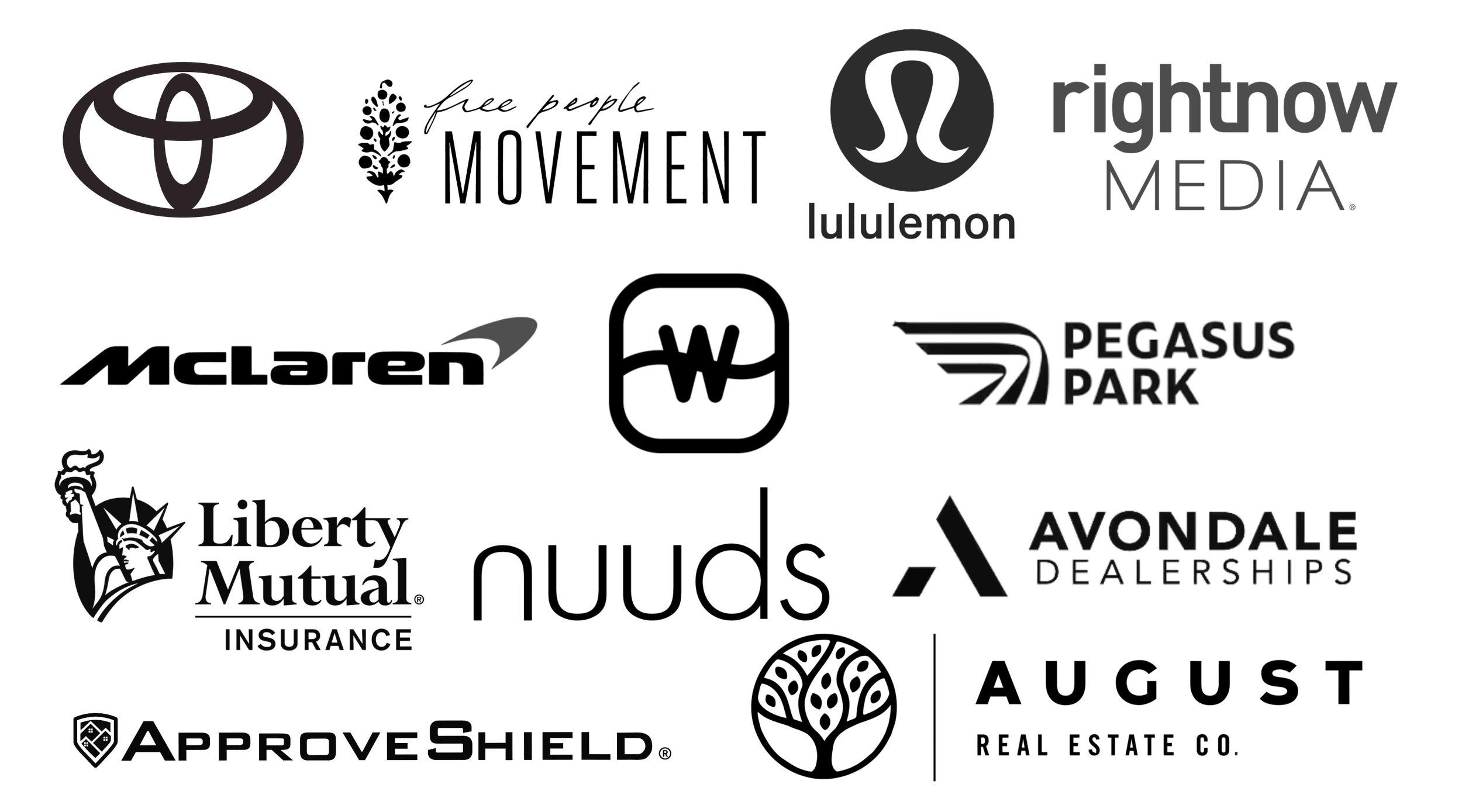 bro dude coffee corporate partners are toyota lululemon free people movement rightnow media mclaren watermark community church pegasus park dallas liberty mutual insurance nuuds avondale dealerships approveshield august real estate co nvidia