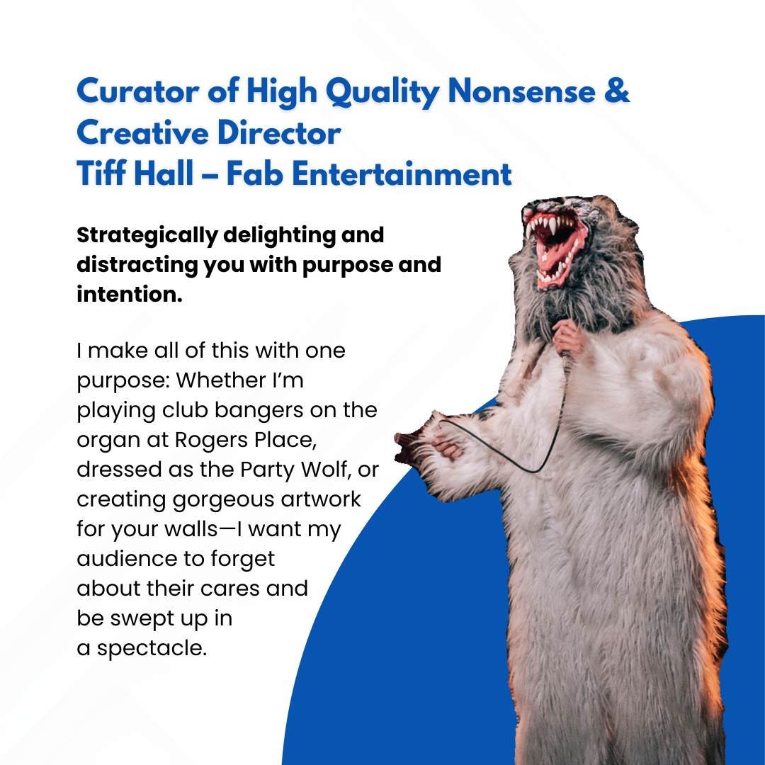 A presentation slide featuring a person who appears to have a lion's head, dressed as a wolf, with text about a creative director and entertainment, along with a blue and white background.