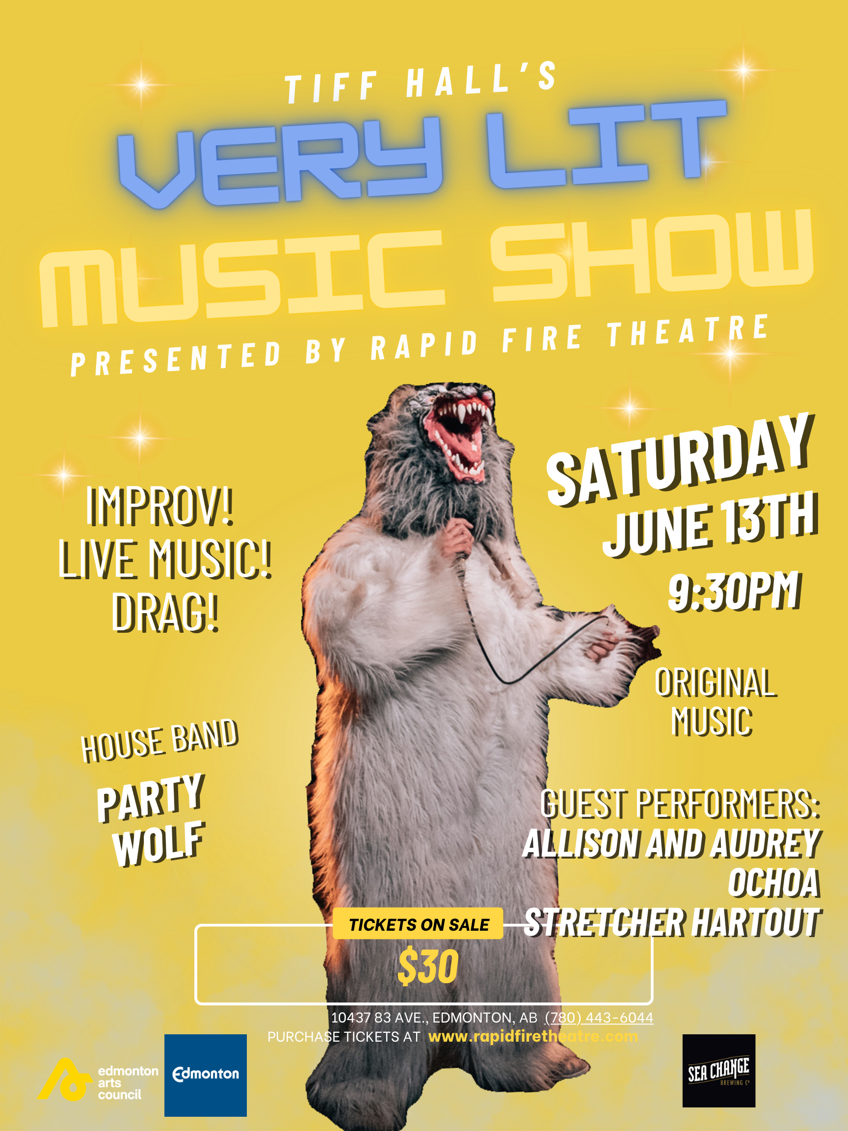 Official event poster for Tiff Hall's Very Lit Music Show presented by Rapid Fire Theatre and FAB Entertainment. Features a large image of a performer in a white werewolf costume holding a microphone against a bright yellow background. Event text rea