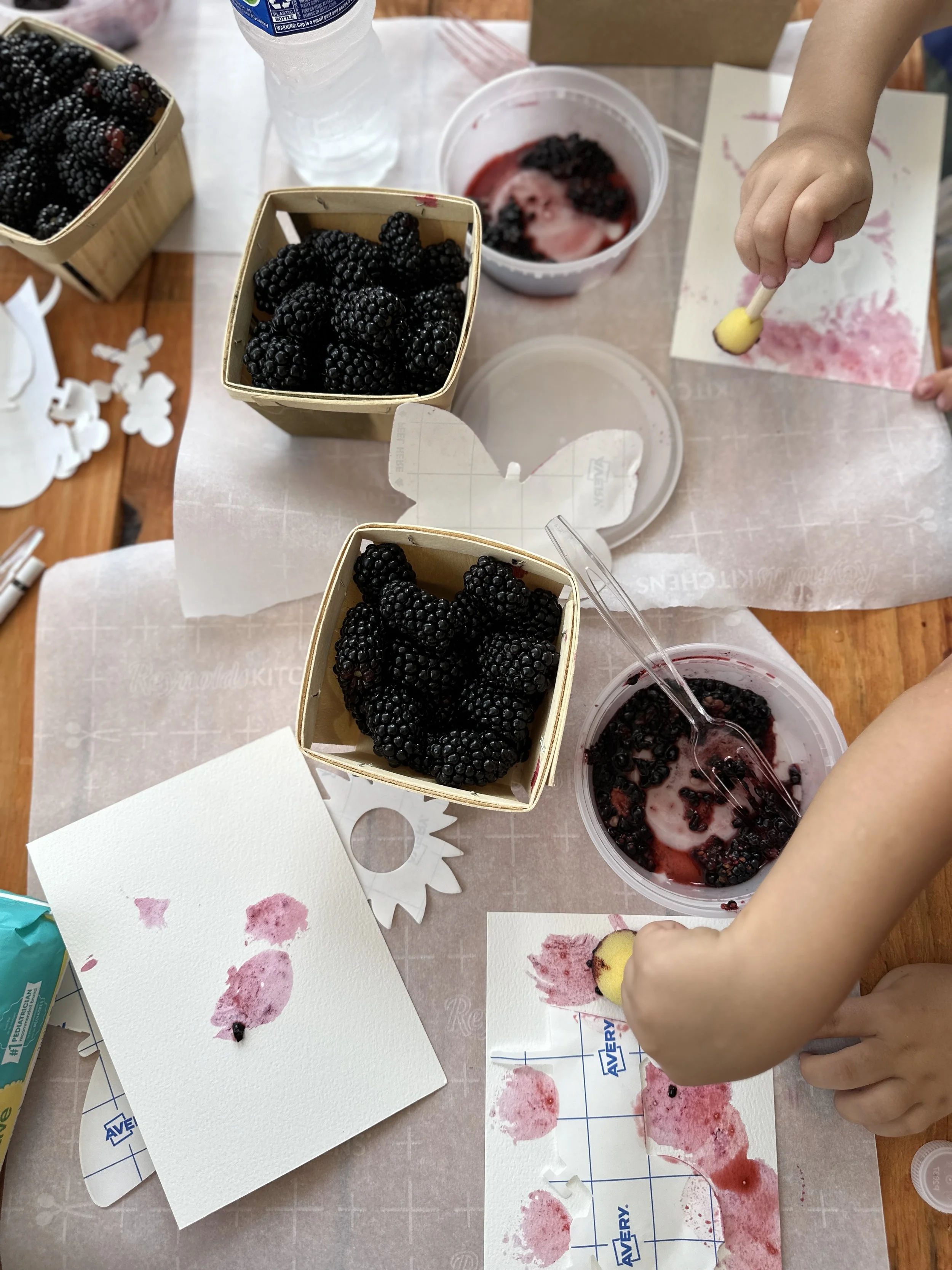 Childs hand covered in blue paint