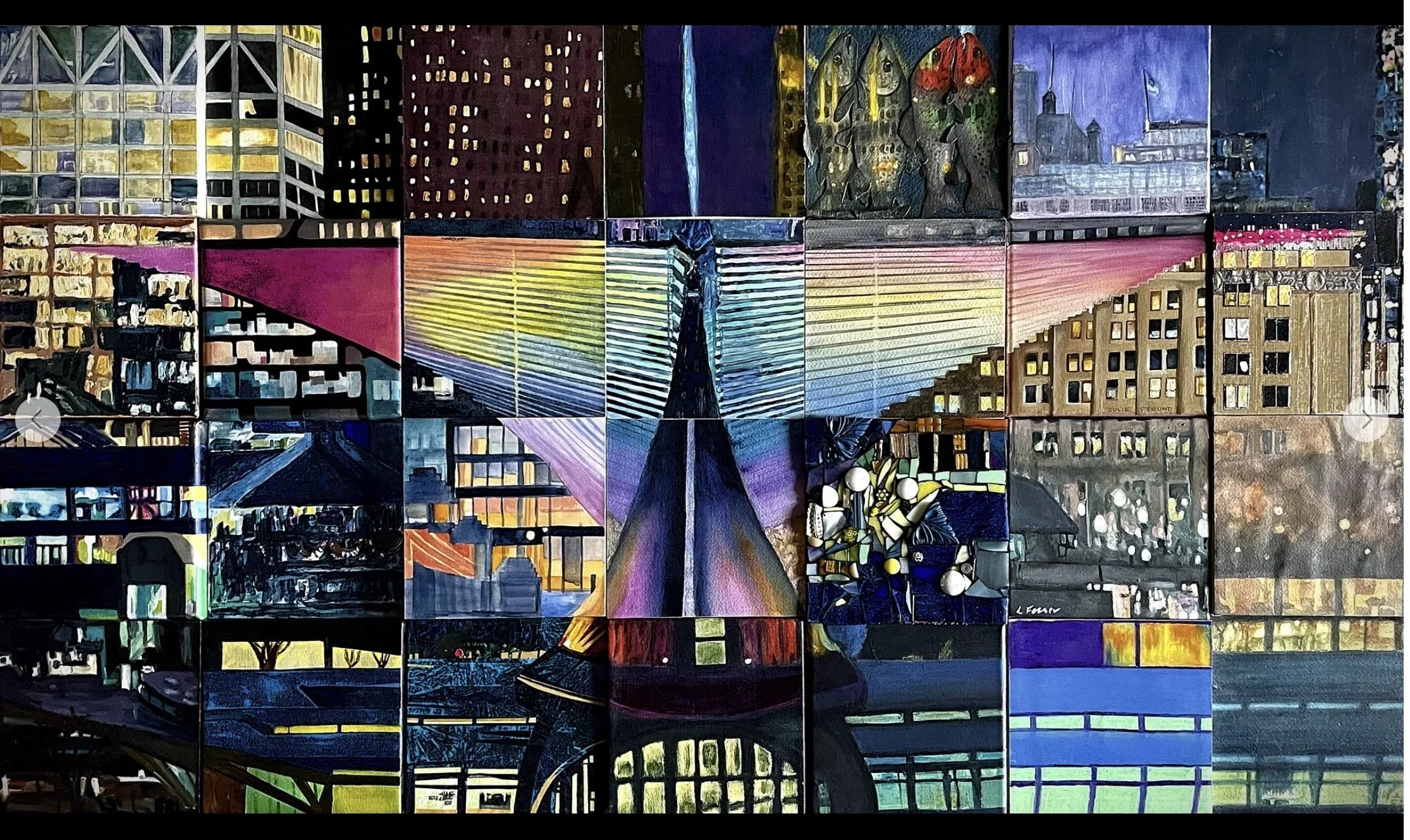 several panels of varied media art were conjoined to reproduce a picture of the Milwaukee Art Museum