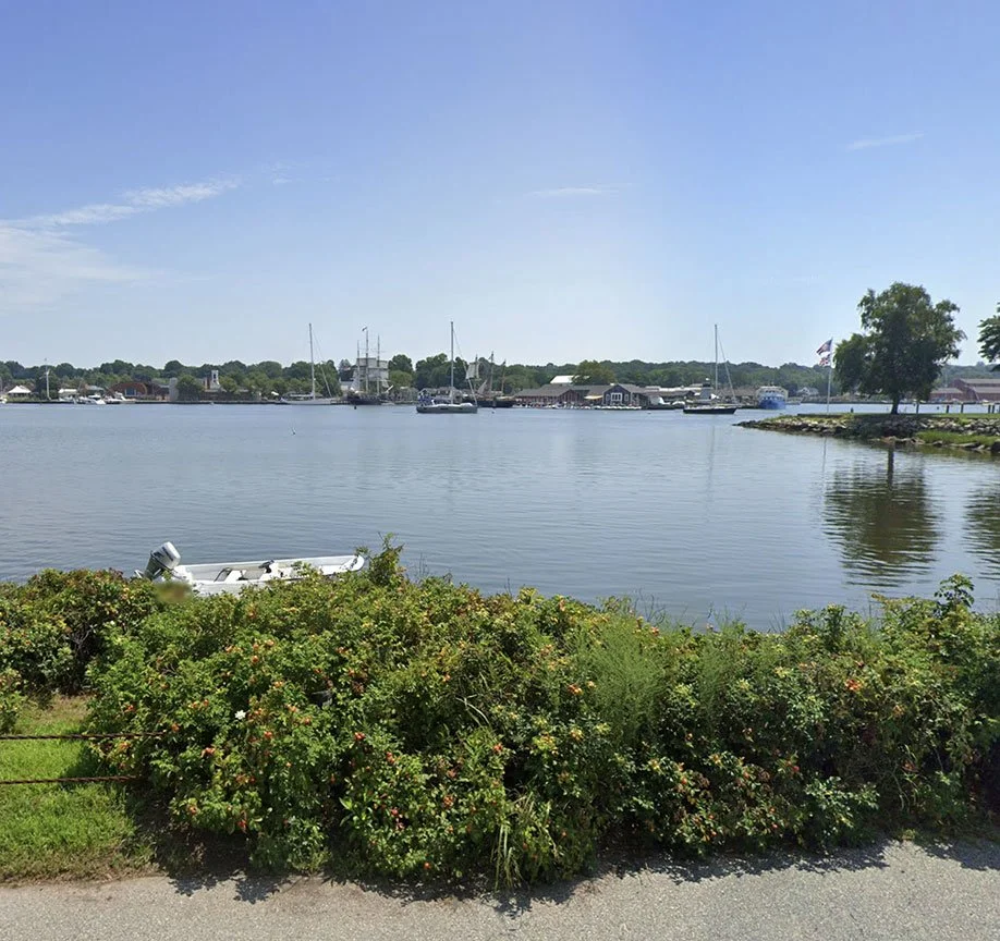View of a calm river with boats and sailboats docked along the shoreline, green bushes in the foreground, and a clear blue sky.