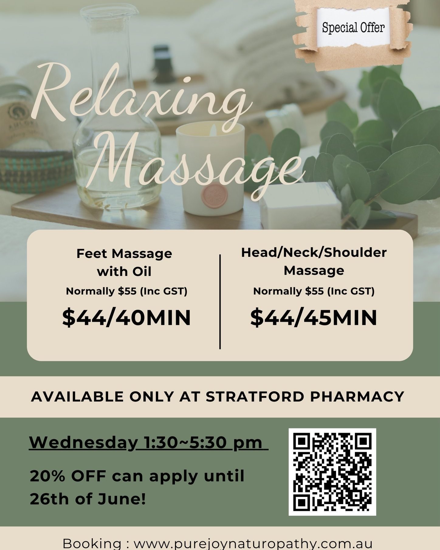 Special promotion Stratford Village Pharmacy starting tomorrow! 

If you are feeling stressed and want to release tension, a relaxing massage will help you immensely.

It is also a great opportunity for us to connect and get to know you as a natural 