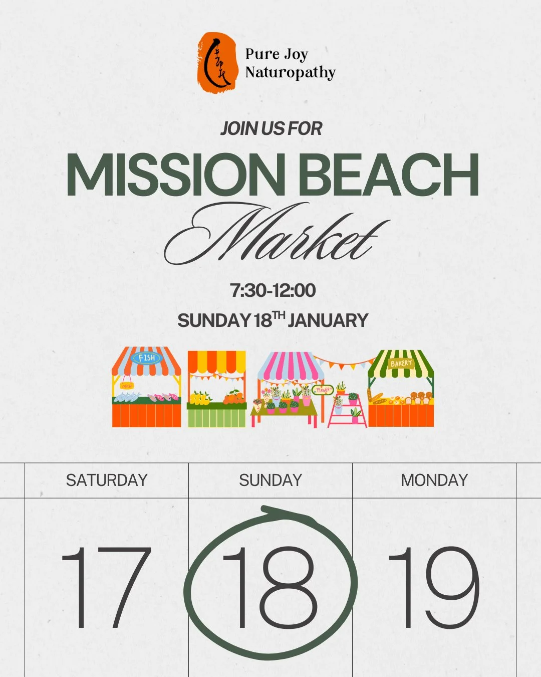 🌿 Mission Beach Market This Sunday! 🌿
7 AM &ndash; 12 PM | Sunday 18th January. 

I&rsquo;ll be at the Mission Beach Market with Pure Joy Naturopathy.

Come browse the stalls, enjoy the fresh local goodies, and stop by for a chat about natural heal