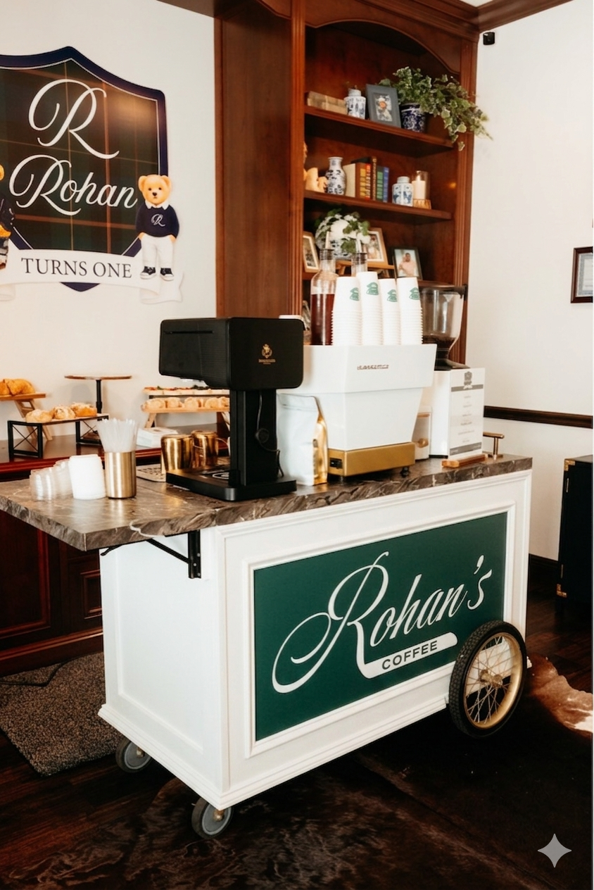 A Ralph Lauren themed Bendecido coffee cart branded with 'Rohan's Coffee' on the side, positioned inside a cozy cafe with wooden shelves holding framed photos, plants, and decorative items.