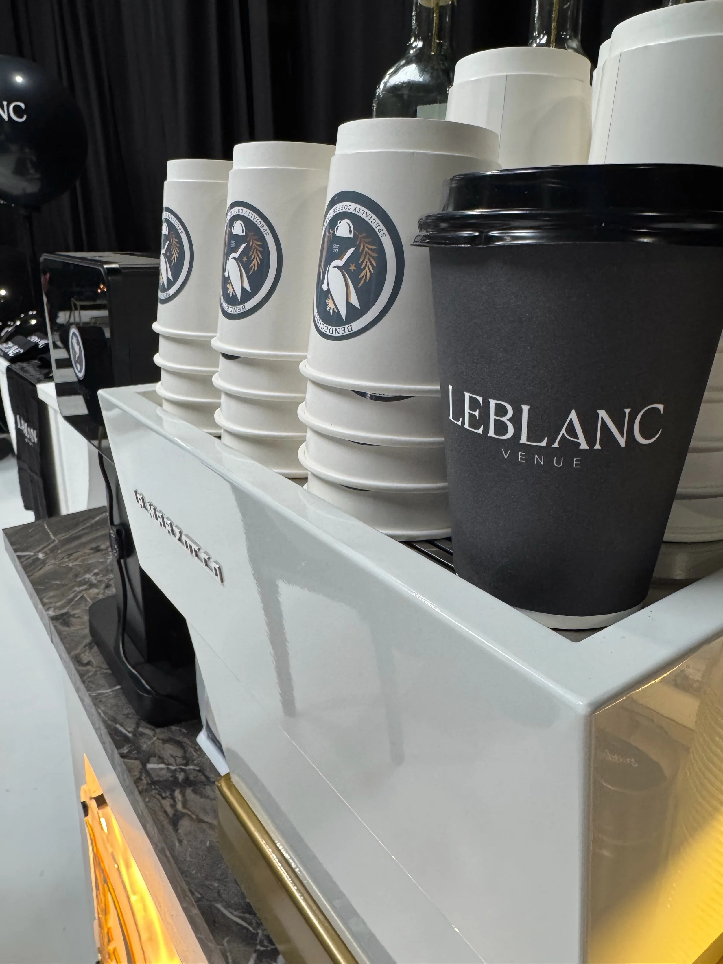 Bendecido espresso machine with branded cups at LeBlanc Venue in Ybor City