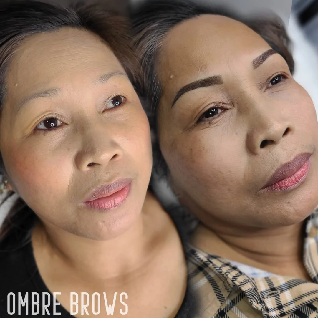 Close-up of two women lying down, one with natural eyebrows and the other with defined, filled-in eyebrows, showcasing a before-and-after comparison of eyebrow enhancement.