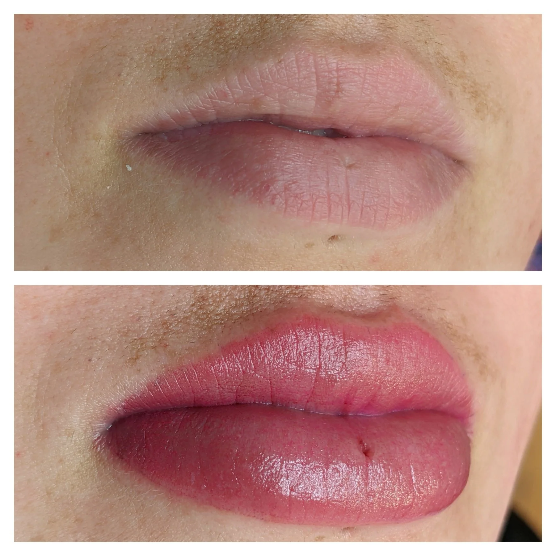 Close-up of lips before and after applying lip gloss or lipstick, showing the transformation from bare lips to shiny, colored lips.