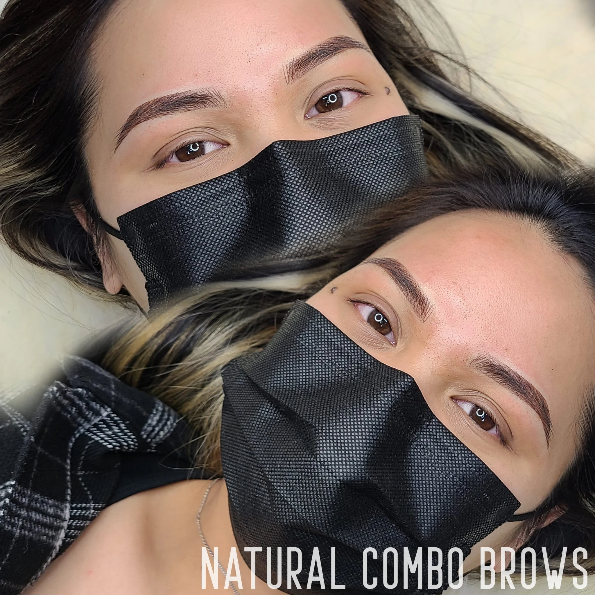 Two women lying side by side, both wearing black face masks, with well-groomed eyebrows, and natural makeup.