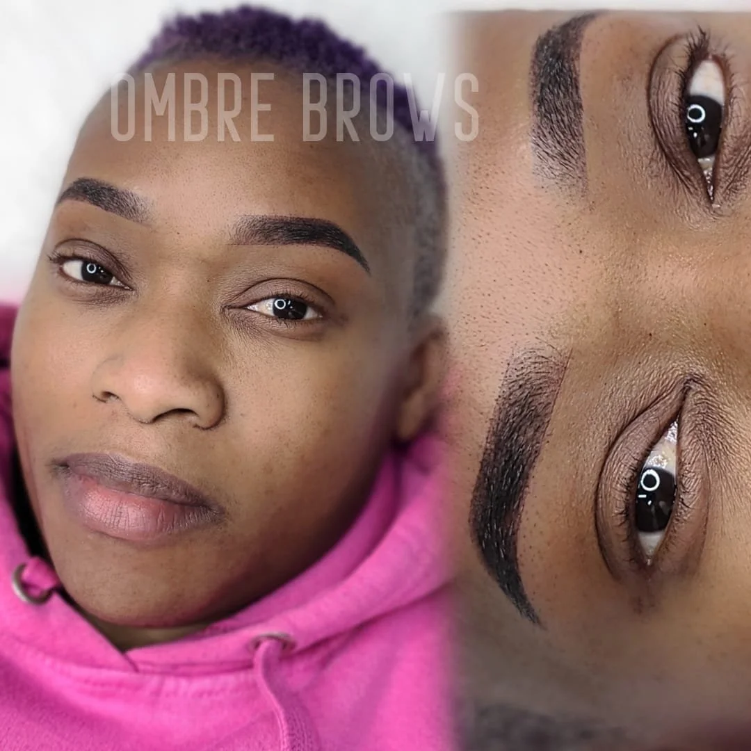 Close-up image of a woman with well-groomed eyebrows, wearing a pink hoodie, with the text 'Ombre Brows' overlayed on the image.