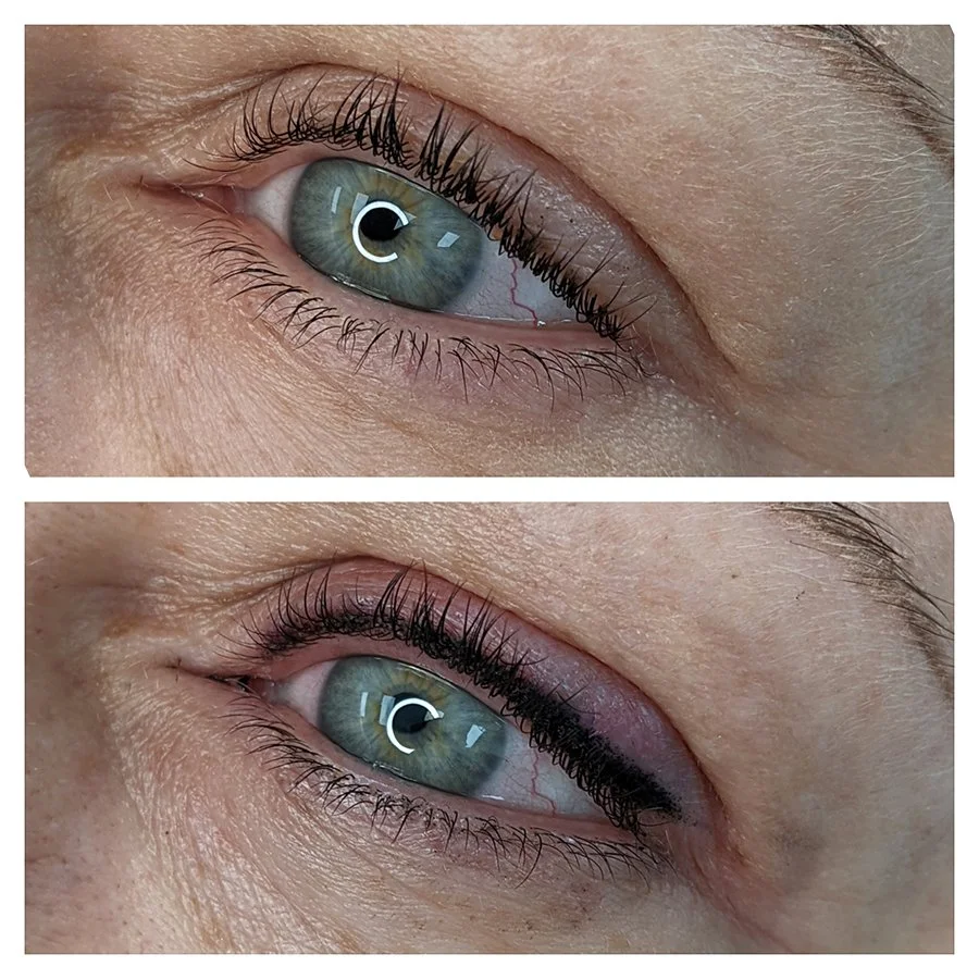 Close-up of a human eye before and after applying eyeshadow and mascara.
