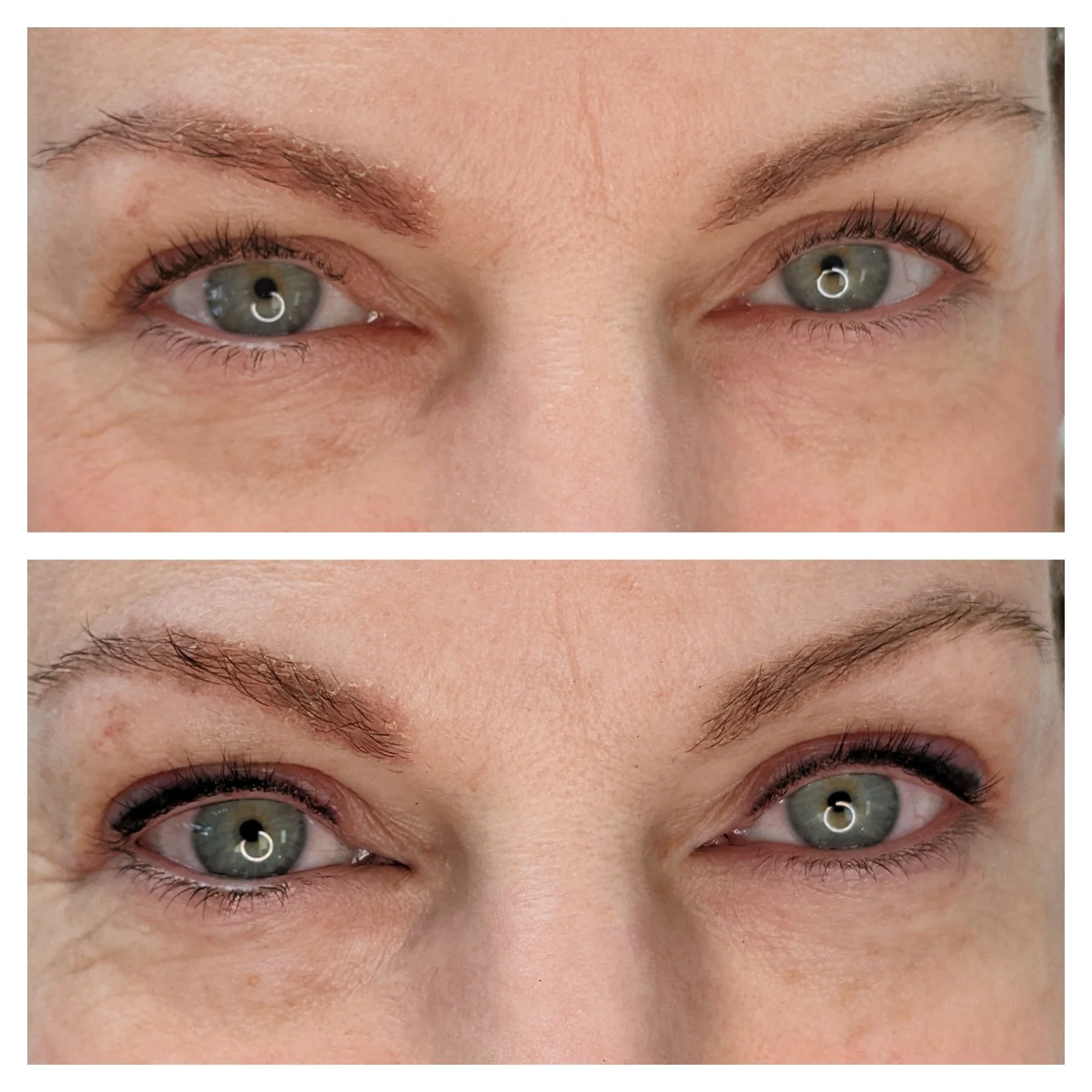 Close-up of a person's eyes before and after applying makeup. Top image shows natural eyes with minimal makeup. Bottom image shows eyes with black eyeliner applied along the upper lash line.