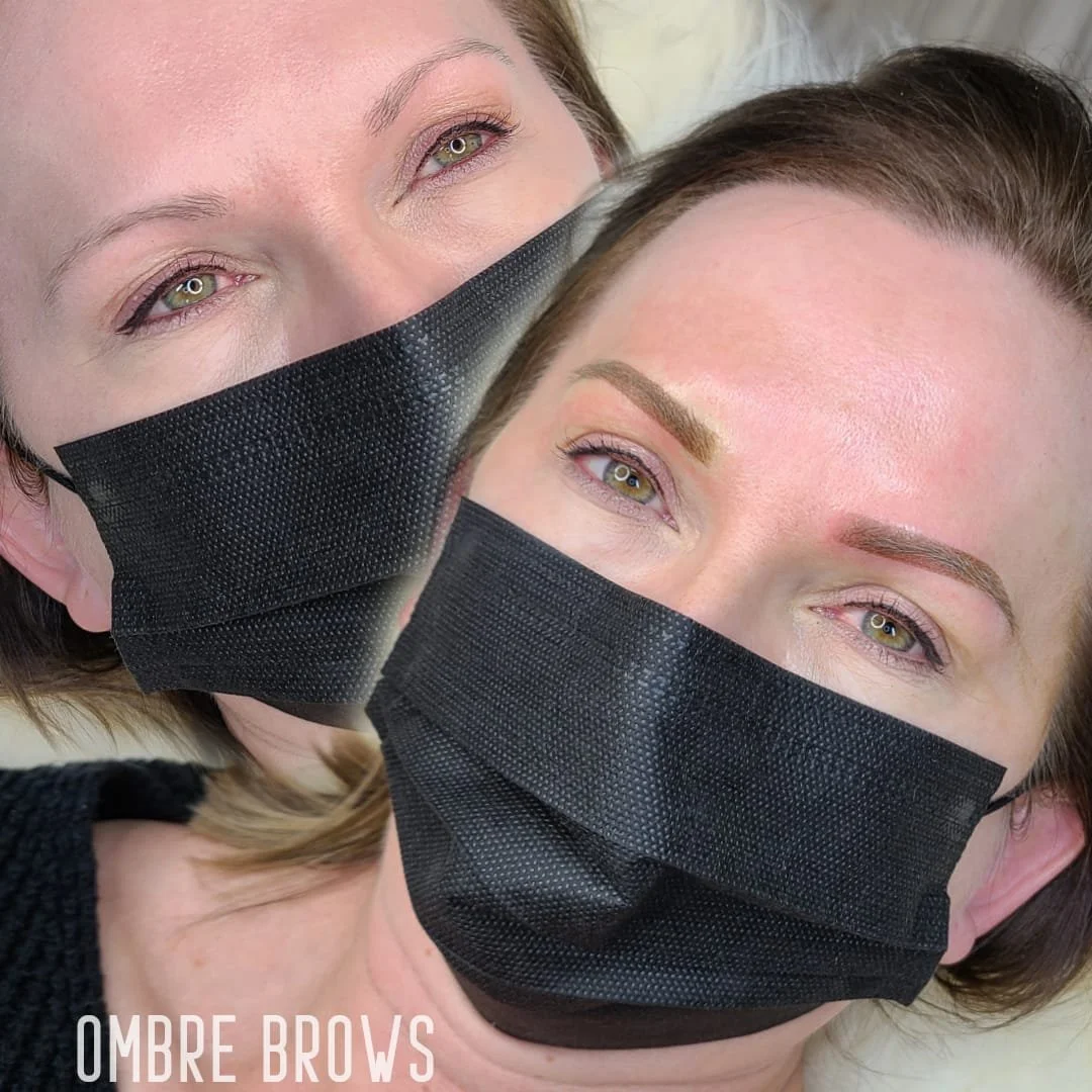 Close-up of a woman's face before and after eyebrow microblading, both images showing her wearing a black face mask.
