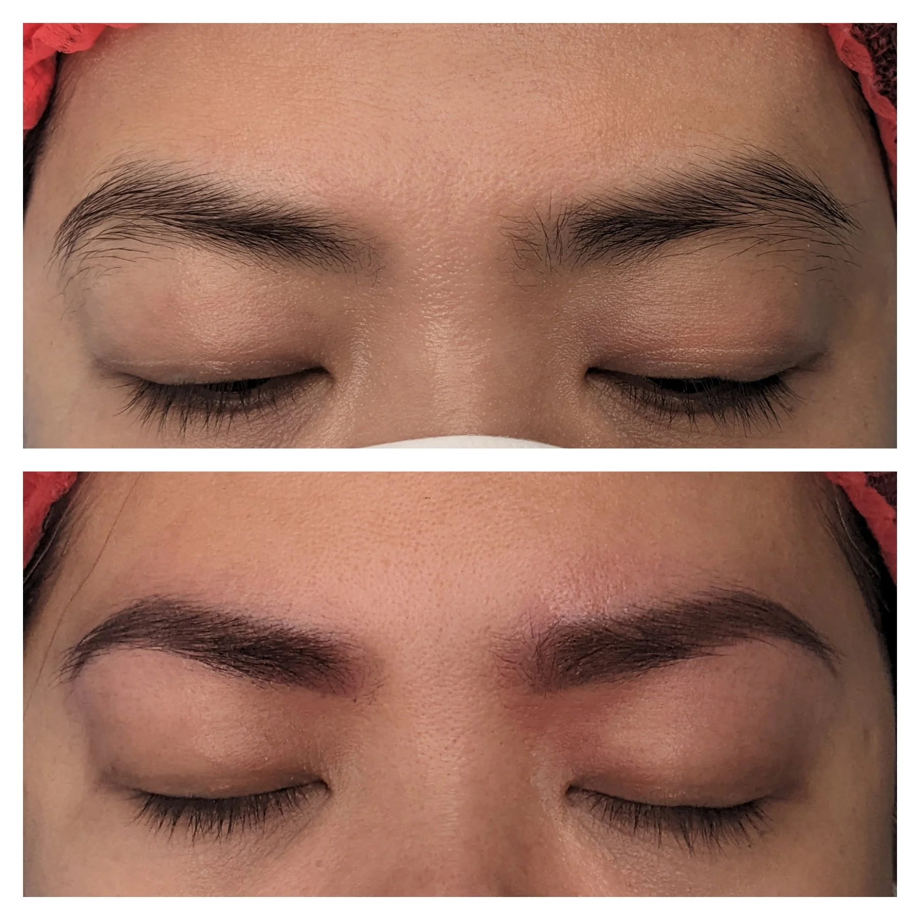 Close-up of a person's eyebrows before and after eyebrow enhancement or makeup application, with eyes closed.