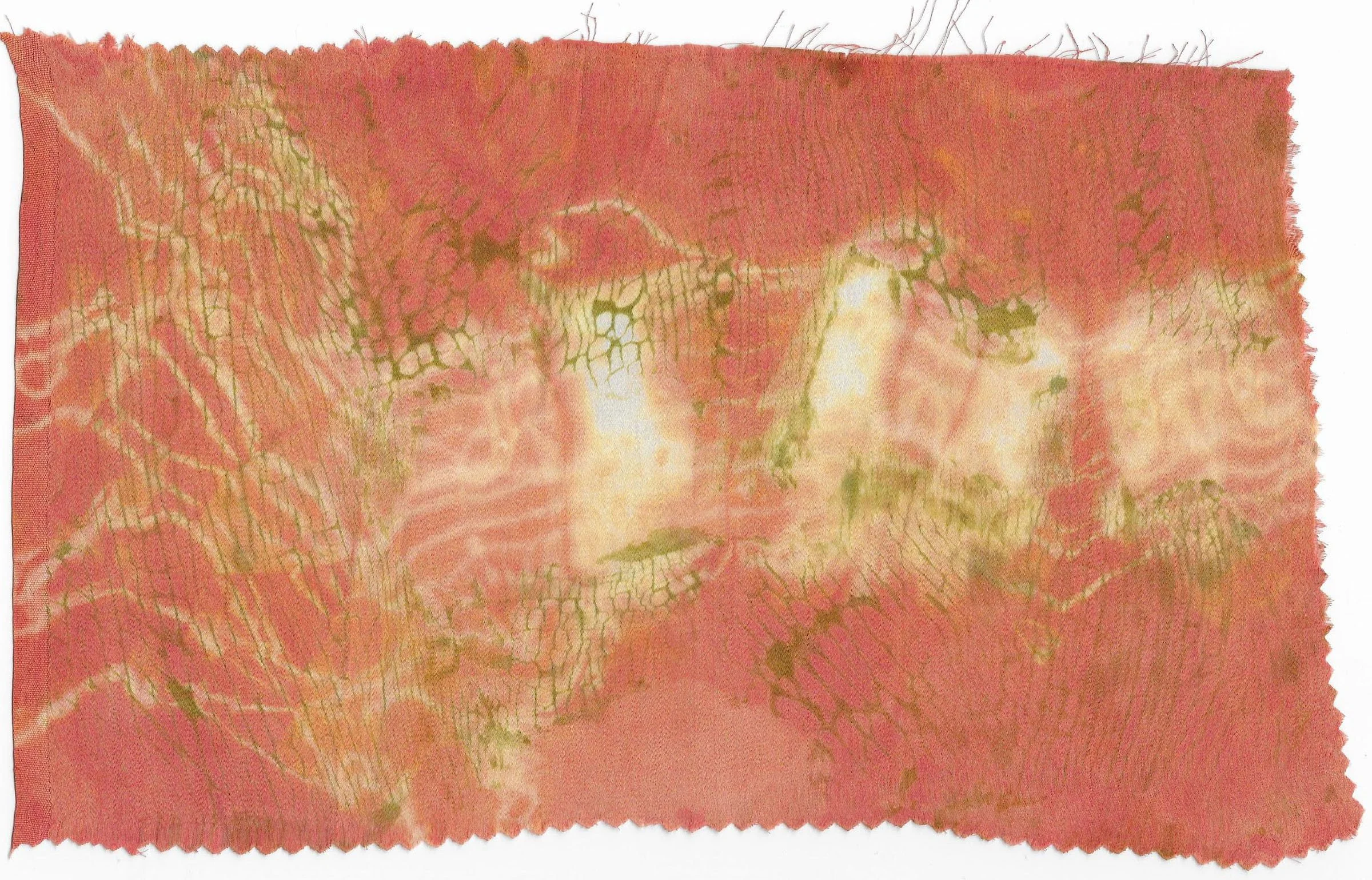 Silk charmeuse, dyed with acid dye using arashi and clamping technique, 5" x 10"
