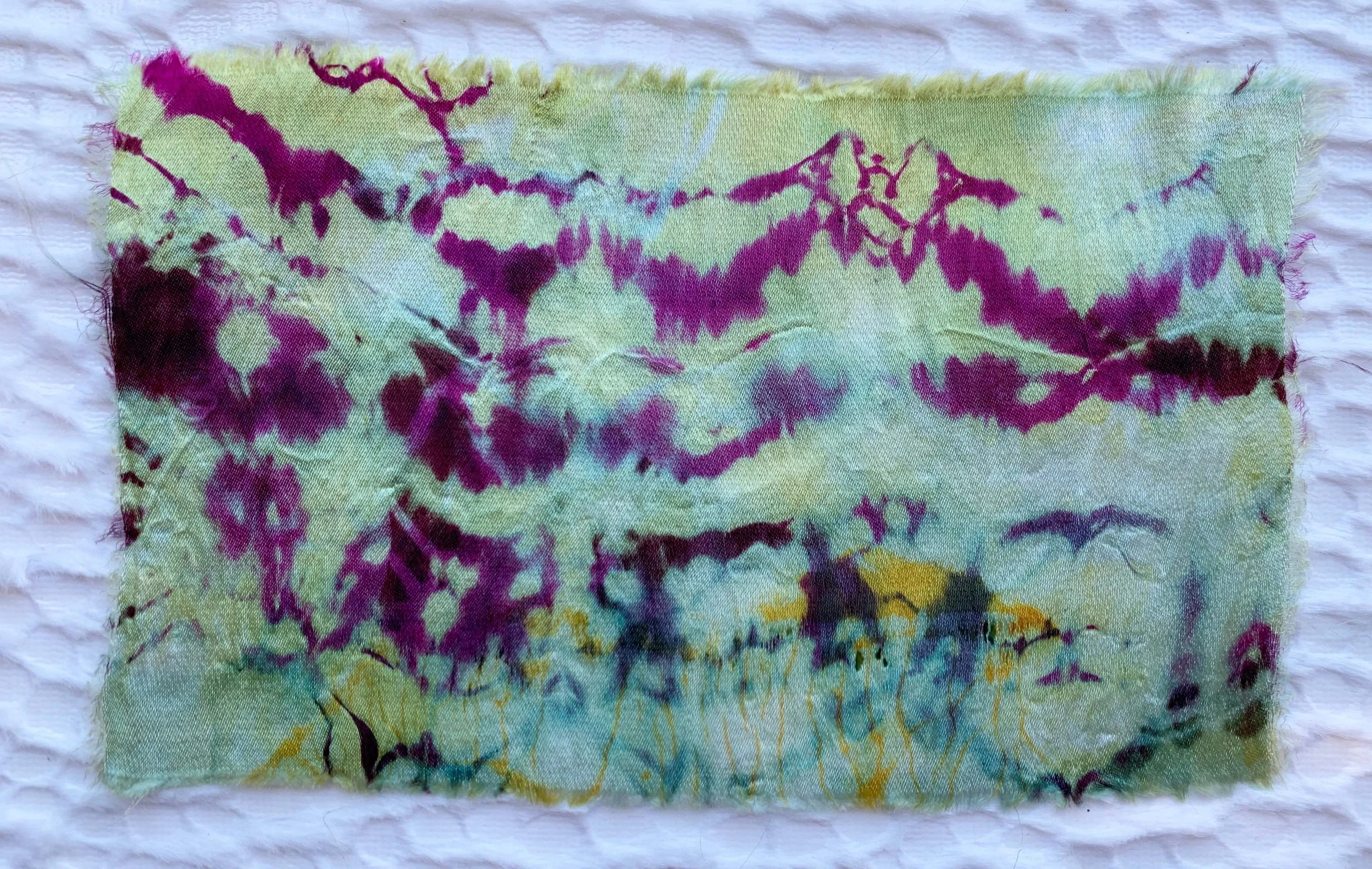 Silk charmeuse sample, First dyed with MX dye then was immersed in color remover bath using arashi technique, 5"x8"