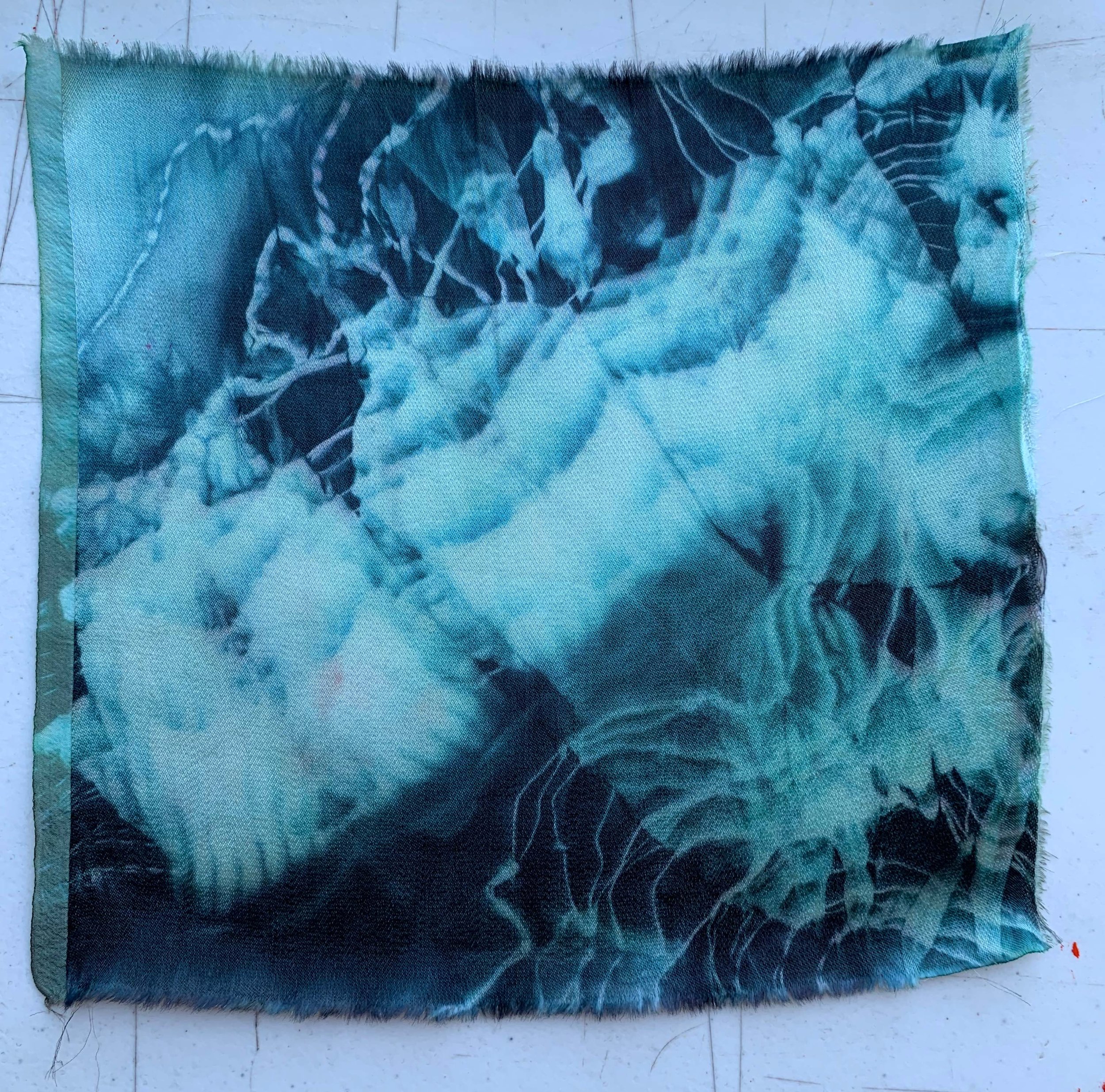 Satin silk sample, dyed with MX dye using arashi technique, 4"x 4"