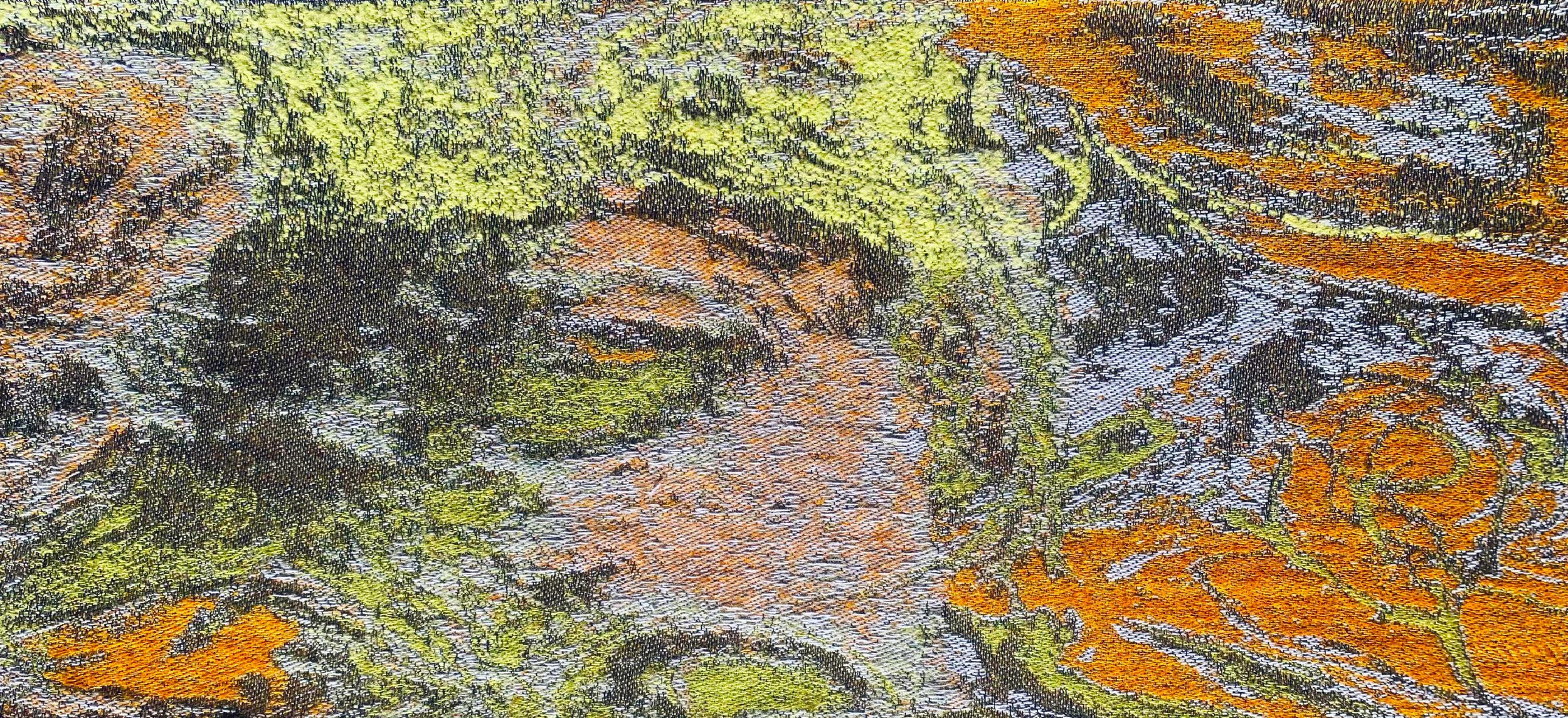 The sun has spilled and the night is emerging, 2024, Jacquard weaving, handwoven with silk, 19” x 40”,