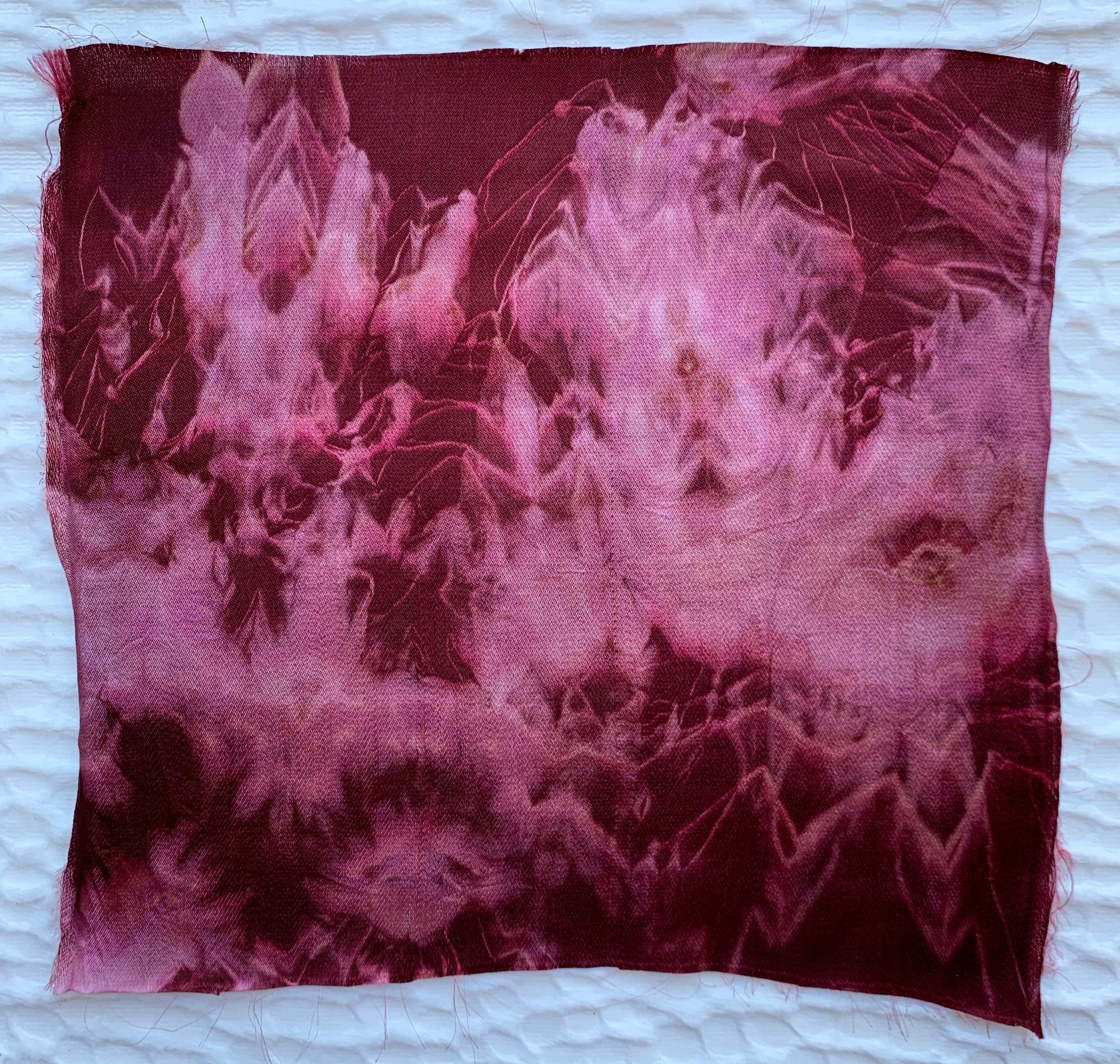 Satin silk sample, dyed with MX dye using arashi technique, 6"x 4"